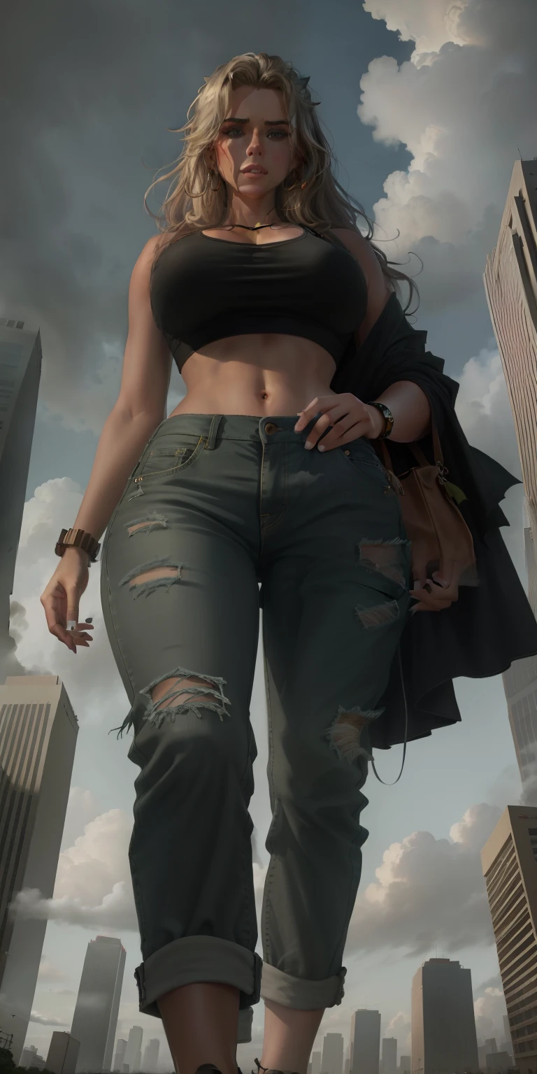 "A towering Giantess in a cool and laid-back hippie style is rocking a crop top and baggy pants. Her toned and athletic build hints at her massive strength. She seems to be casually strolling through the bustling cityscape of GTS City, as towering buildings loom overhead. Smoke and clouds roil around her, adding to the sense of epic scale and drama. The lighting is dark, gloomy, and realistic, creating a tense and ominous atmosphere. The perspective is from below, emphasizing the sheer majesty and power of the Giantess."