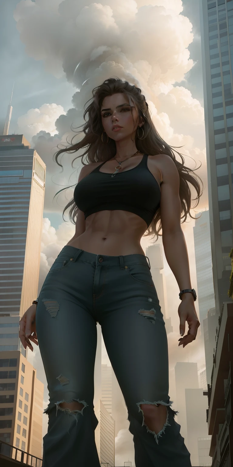 "A towering Giantess in a cool and laid-back hippie style is rocking a crop top and baggy pants. Her toned and athletic build hints at her massive strength. She seems to be casually strolling through the bustling cityscape of GTS City, as towering buildings loom overhead. Smoke and clouds roil around her, adding to the sense of epic scale and drama. The lighting is dark, gloomy, and realistic, creating a tense and ominous atmosphere. The perspective is from below, emphasizing the sheer majesty and power of the Giantess."