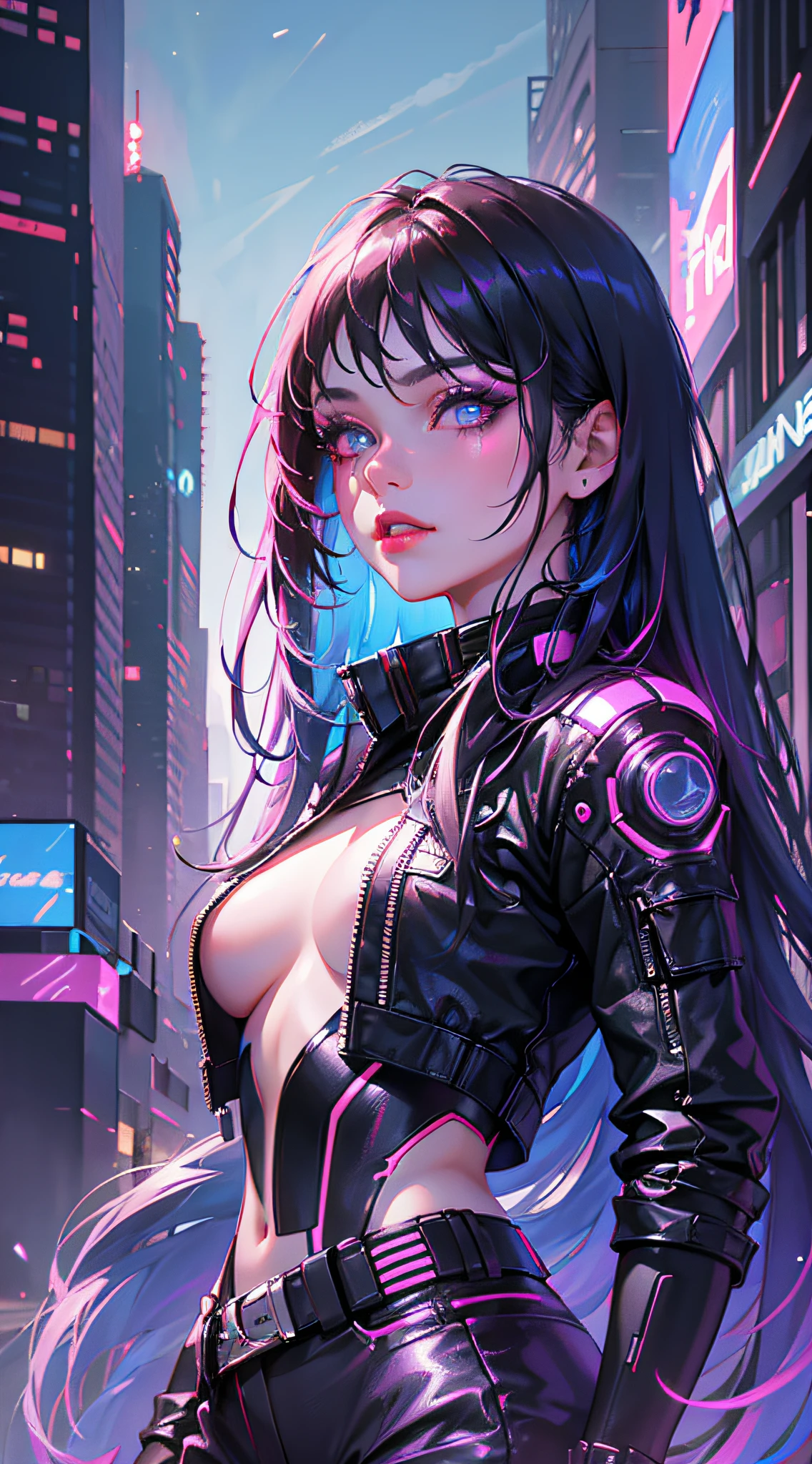 A girl, long hair, half picture, city, future, cyberpunk, science fiction, black silk, shorts, night scene, midnight, blue light, neon, night, face close-up, delicate features, beautiful girl, beauty, charming,fashi-girl,red lips,realistic,makeup,