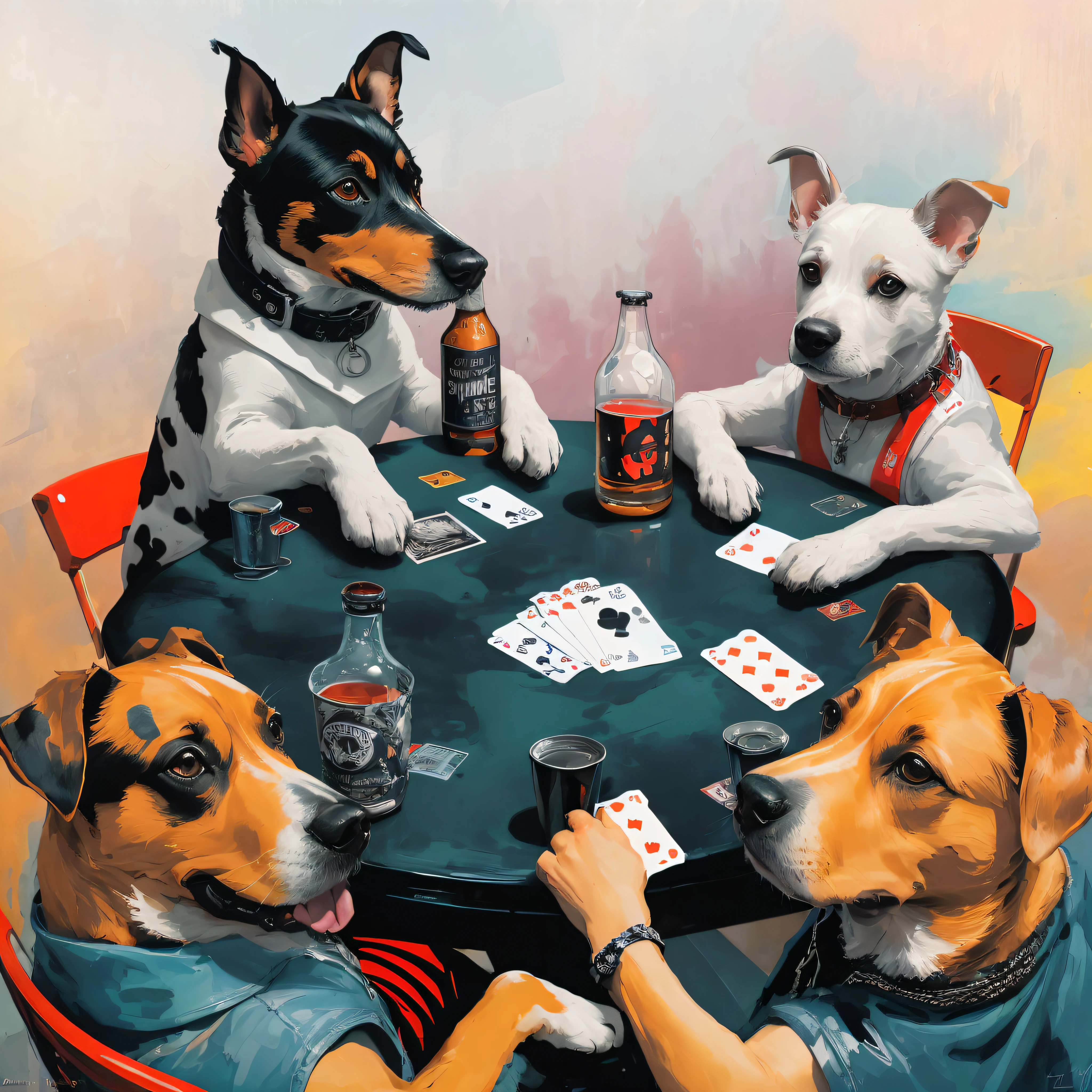 (best quality, Ultra-detailliert, Hyperrealistisch) Poster design in a mix of styles by the artists Greg Manchess, Jamie Hewlett, Lebendige Farben, Dynamische Komposition, Graffiti-Elemente, Expressive Portraits of a Scene-Heavy Gangster Jack Russell's Playing Cards, Referenzen zur Hip-Hop-Kultur, Comic aesthetics, Strong lines, Verspielte Charaktere, Punk rock attitude, energische Pinselstriche, Mehrschichtige Texturen, Urbane Umgebungen, Rohe Emotionen, flippige Typografie, Stadtverfall, striking visuals, Eklektische Collage, Abstrakte Symbolik, Stammesmuster, skizzenhafte Illustrationen, kantig und rebellisch, Experimentelle Techniken, Verzerrte Perspektiven, Subversive Narrative, Contemporary pop culture, Visuelles Storytelling, Modern street art, Innovativer Einsatz von Farbe, Provokante Botschaften, Einzigartige Verschmelzung von Stilen, Dynamische Kontraste, Urbane Underground-Szene, Lebendig und chaotisch, Feier der Vielfalt, Knoten zur Historie, Coarse-grained and raw energy, Auf ArtStation im Trend, Scharfer Fokus, Beautiful beer mugs, Miki Asai Makrofotografie, nahaufnahme, Hyper detailliert, Auf ArtStation im Trend, Scharfer Fokus, Studiofoto, Komplizierte Details, Highly detailed, von Greg Rutkowski, beautiful card decks