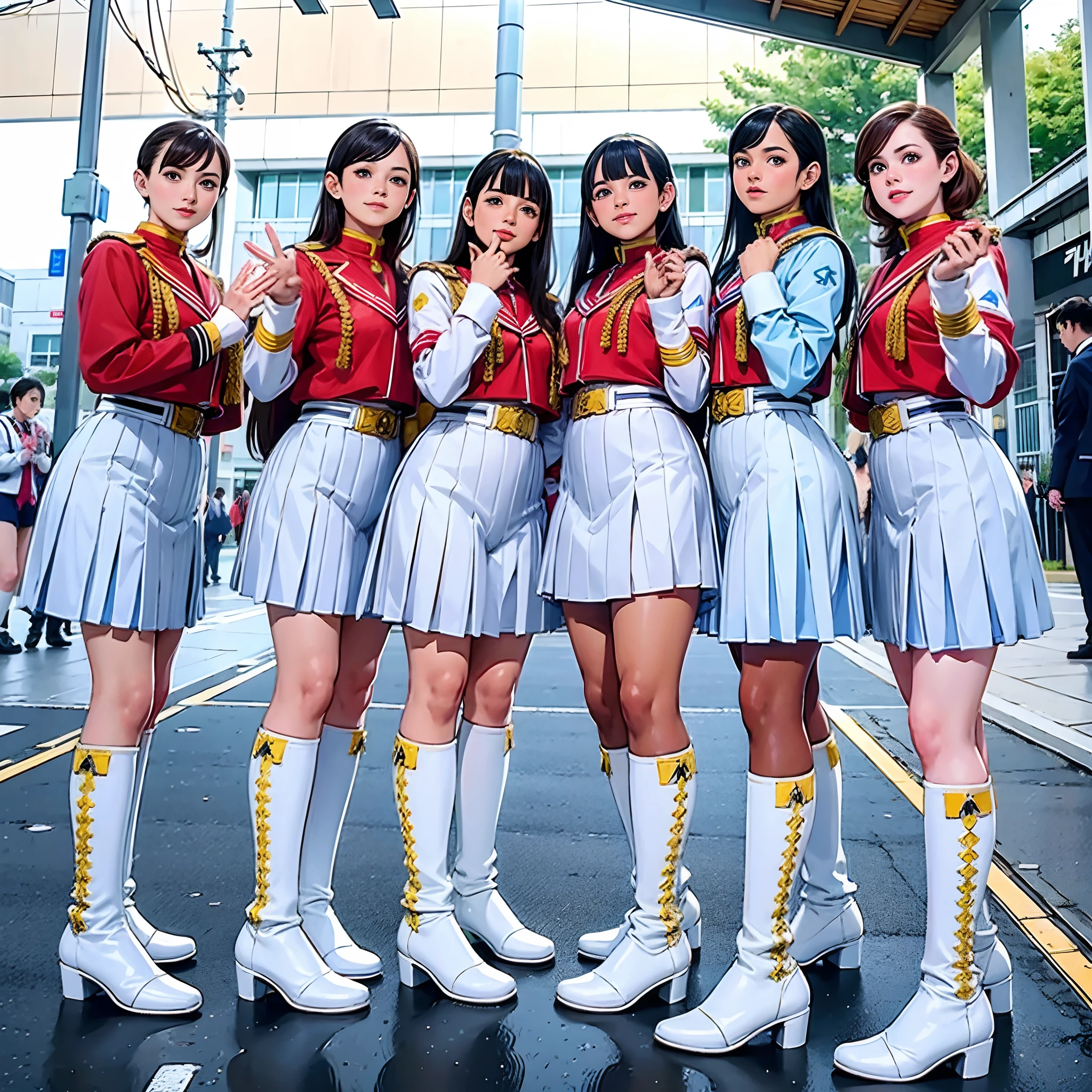 Four girls in uniform taking pictures with their coats, 8K)), magic uniform university, 🚿🗝📝, 8K!!, 8K!, tokusatsu, toei, SSAO 8 K, JK Uniform, captured on canon eos r 6, White uniform, Seifuku, by Sailor Moon, 🐝👗👾