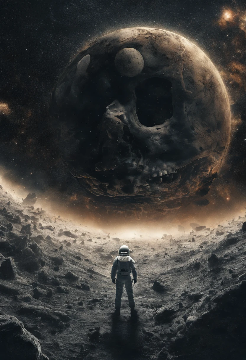 An astronaut transformed into a skull floats in the abyss of space, surrounded by a cosmic ocean of galaxies and nebulae that form unique constellations. The bubbles around it contain fragments of knowledge and secrets of the universe in a racing autocross running on the moon The photo is taken with an 18mm wide-angle camera, in 8K photorealism, Create an image that evokes amazement and wonder at the vastness of the cosmos. or.