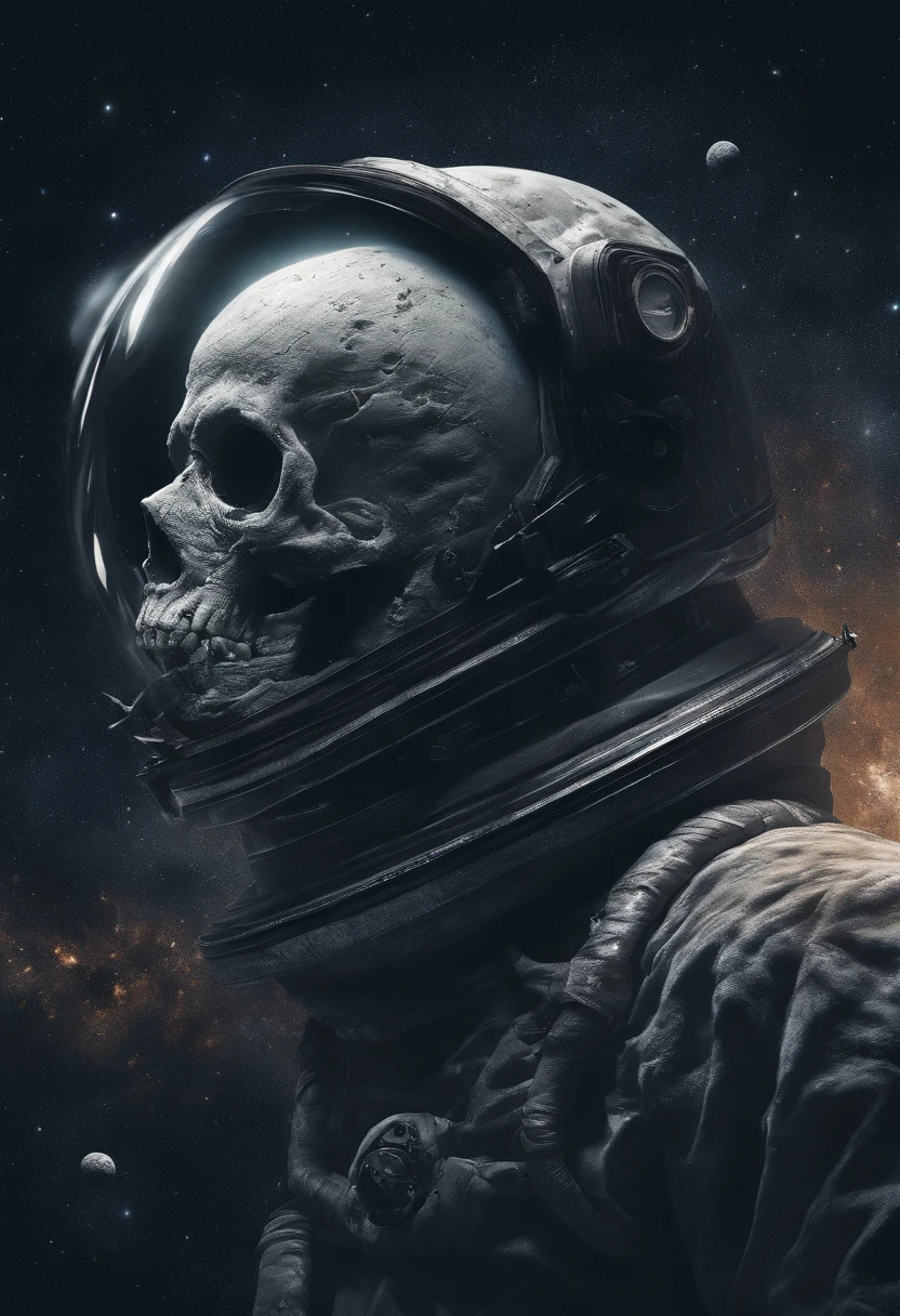 An astronaut transformed into a skull floats in the abyss of space, surrounded by a cosmic ocean of galaxies and nebulae that form unique constellations. The bubbles around it contain fragments of knowledge and secrets of the universe in a racing autocross running on the moon The photo is taken with an 18mm wide-angle camera, in 8K photorealism, Create an image that evokes amazement and wonder at the vastness of the cosmos. or.