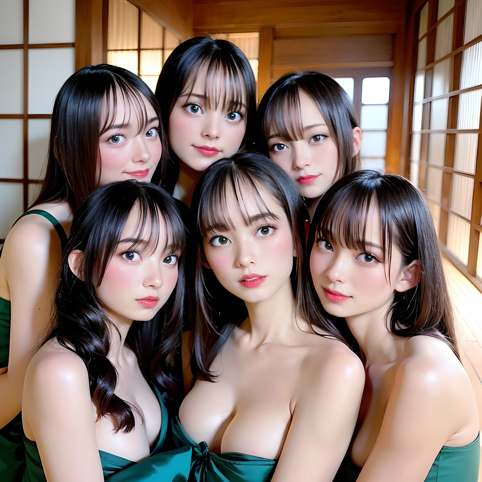 (Four young girls:1.5), Beautiful breasts, (Details of a very beautiful face), (Best Quality:1.4), 8K resolution, High resolution, (Photorealistic, High resolution:1.4), Raw photo, (Realistic, Photorealsitic:1.37), (Wide open chest:1.5), Bare chest, Gloss on lips, Long hair, Parted lips, Staring at me, Nose, Realistic, hot onsen,
