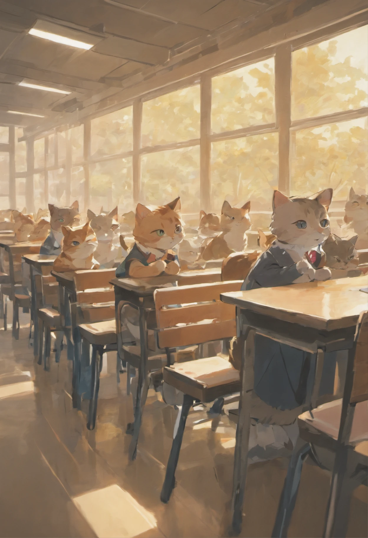 Round-eyed cats sit in chairs for lessons, Classroom,Several rows of tables, , Face the blackboard, Sunlight outside the window