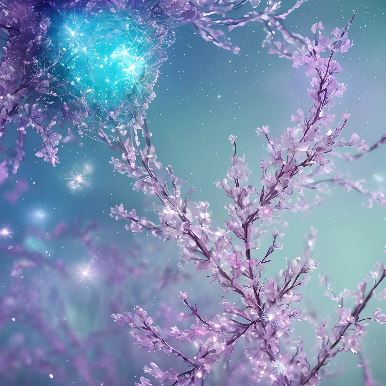 crystal spring blossom, fantasy, galaxy, transparent, shimmering, sparkling, splendid, colorful, magical photography, dramatic lighting, photo realism, ultra-detailed, 4k, Depth of field, High-resolution, art by nicolas de stael