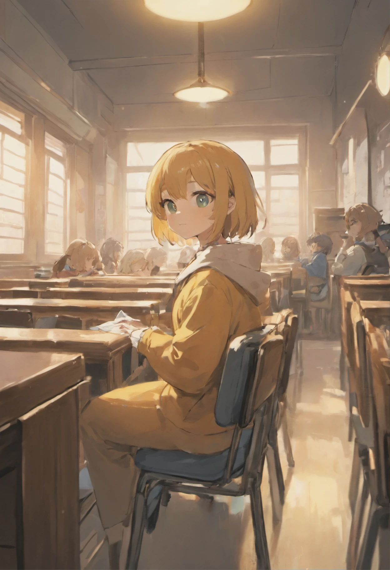 Round-eyed cats sit in chairs for lessons, Classroom,Several rows of tables, , Face the blackboard, Sunlight outside the window