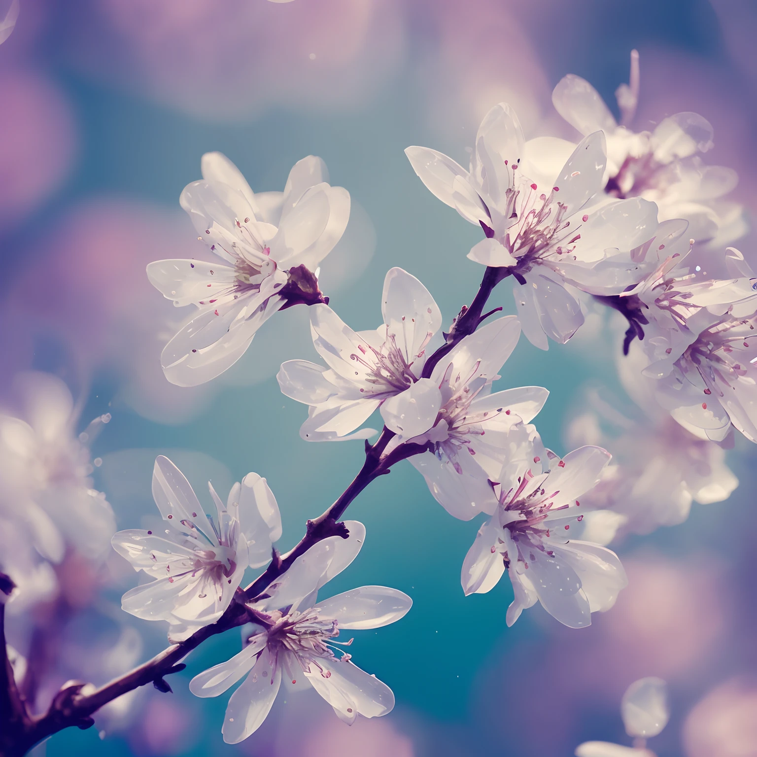 crystal spring blossom, fantasy, galaxy, transparent,  shimmering, sparkling, splendid, colorful, magical photography, dramatic lighting, photo realism, ultra-detailed, 4k, Depth of field, High-resolution, art by nicolas de stael