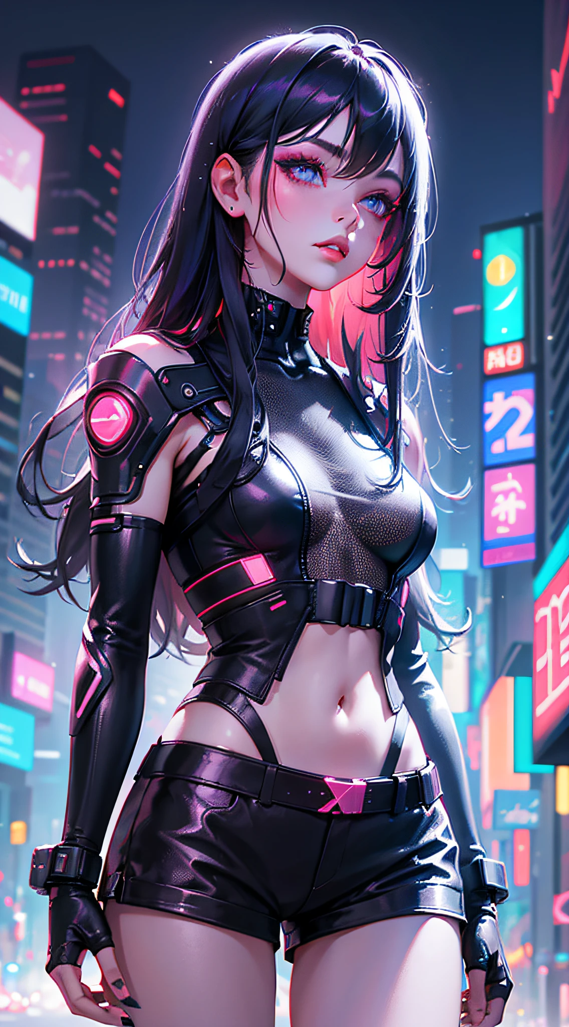 A girl, long hair, half picture, city, future, cyberpunk, science fiction, black silk, shorts, night scene, midnight, blue light, neon, night, delicate features, beautiful girl, beauty, charming,fashi-girl,red lips,realistic,makeup,