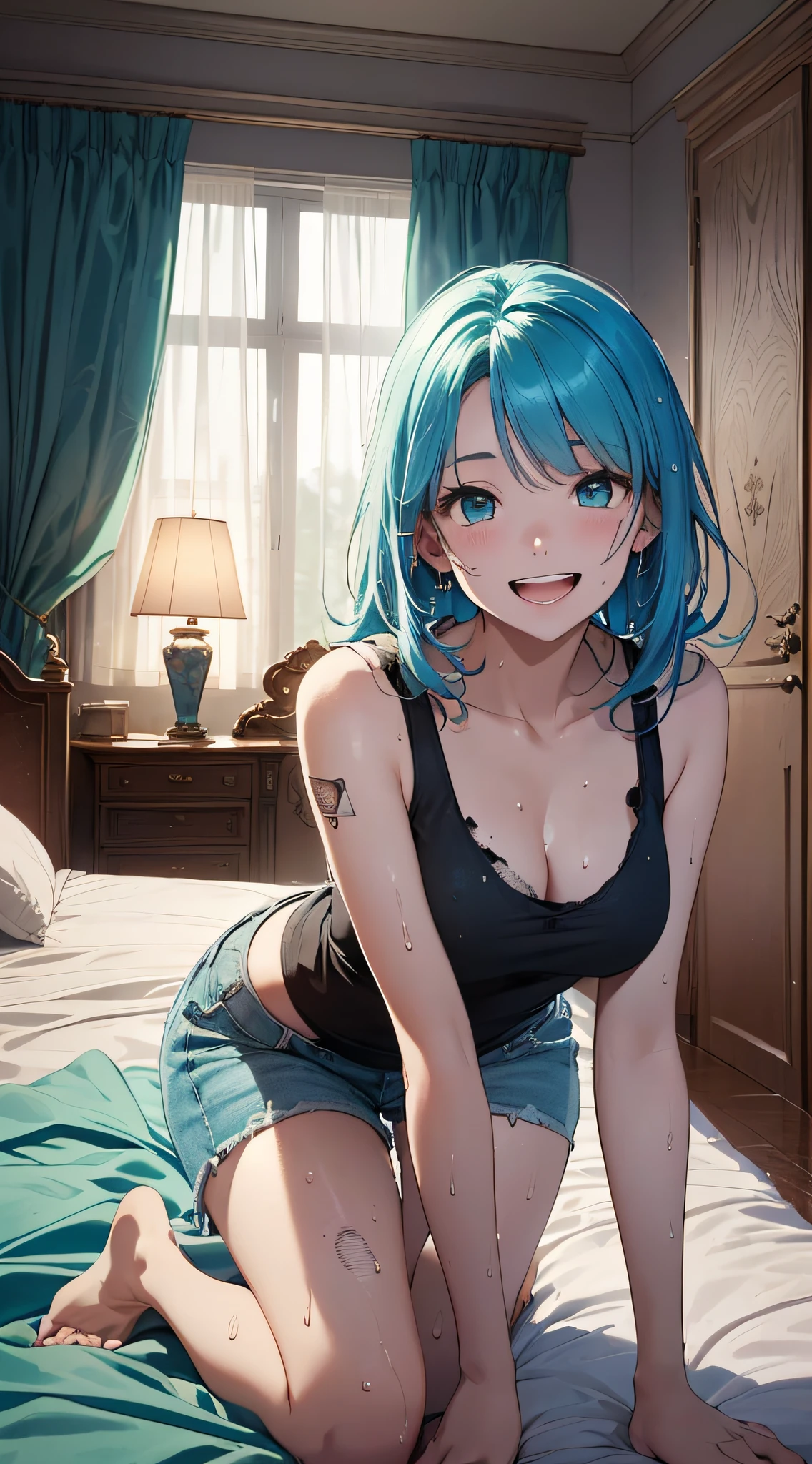 masterpiece, best quality, HD, 4K, Ultra-high resolution, Extreme Detail, Super detailed,beautiful eyes, beautiful hair, Beautiful side, beautiful skin,Focalors,blue hair,blue eyes, heart-shaped pupils, big breasts,shirtless, unbuttoned shirts,short skirt,, sit, Spread your legs towards the viewer, Shrink your pillows up,hands behind the back, ahegao, blush, Charming smile, Close-up, Look at the viewer, bed