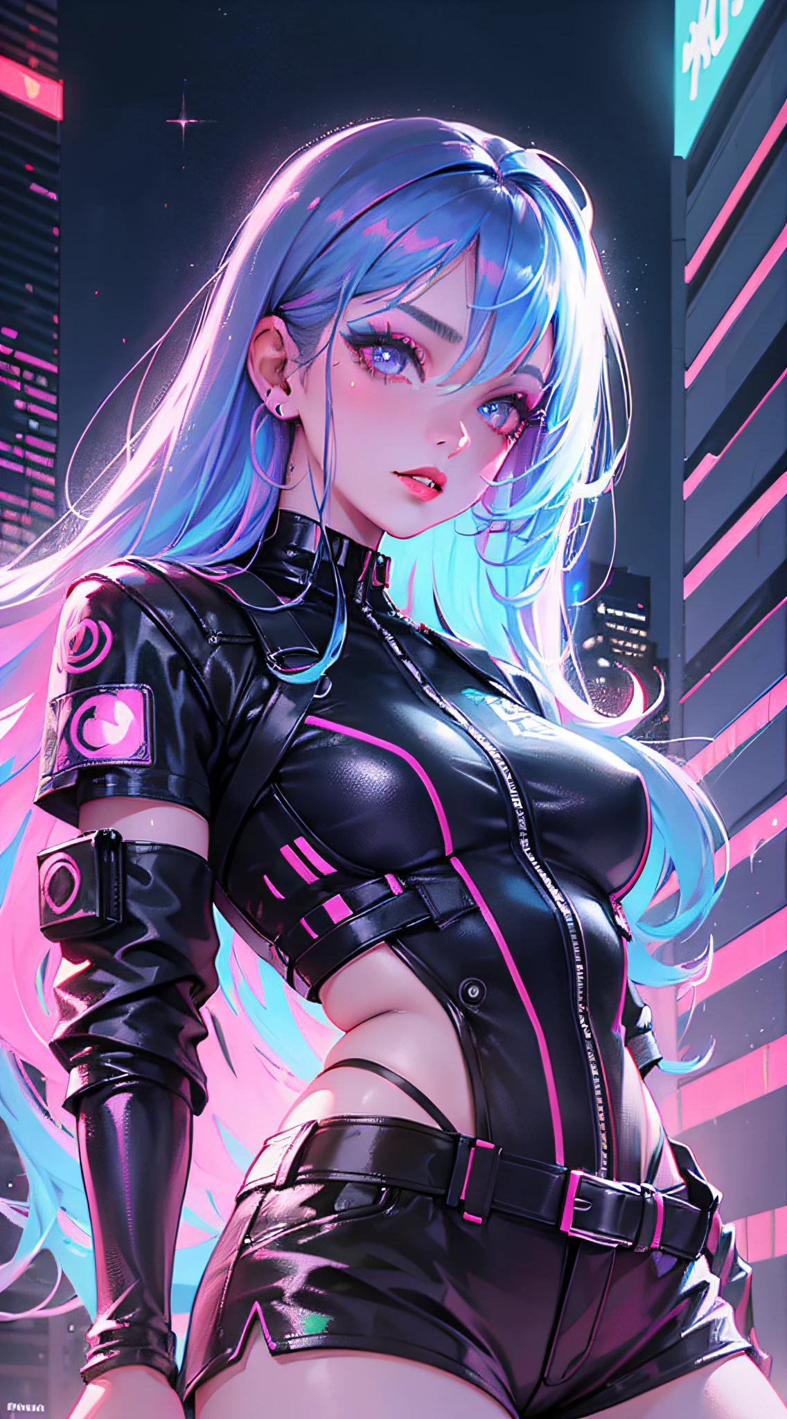 A girl, long hair, half picture, city, future, cyberpunk, science fiction, black silk, shorts, night scene, midnight, blue light, neon, night, delicate features, beautiful girl, beauty, charming,fashi-girl,red lips,realistic,makeup, sexy pose