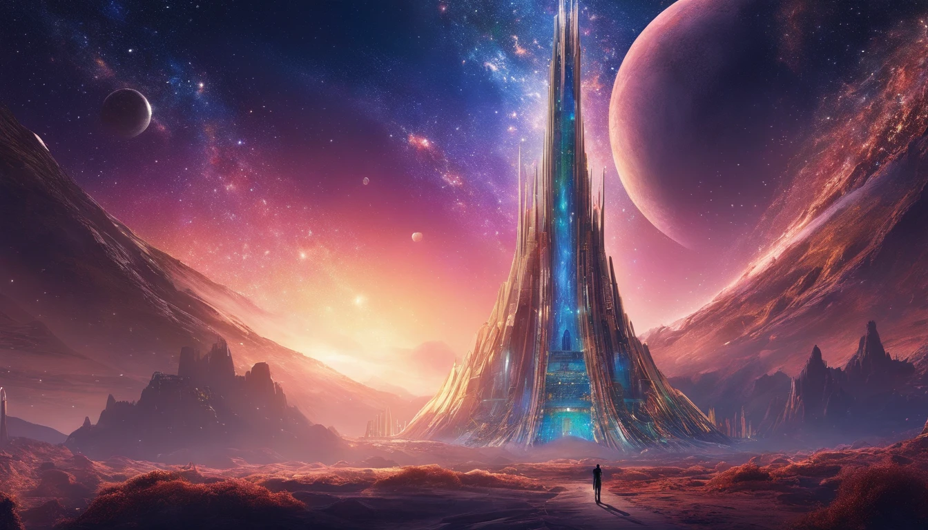 (best quality,4k,8k,highres,masterpiece:1.2),ultra-detailed,realistic,star-filled galaxy,Cosmic tower,surreal architecture,grand and majestic,ethereal lights,golden hour,breathtaking view,shimmering details,impressive scale,otherworldly,interstellar journey,unlimited height,fantastical atmosphere,stellar enigma,scientific fiction,awe-inspiring beauty,limitless imagination,mind-bending perspective,celestial wonders,majestic spirals,endless cosmic expanse,luminous colors,mesmerizing glow,luminous stars,dreamlike silhouette,stunning celestial backdrop,immersive universe,enchanted atmosphere