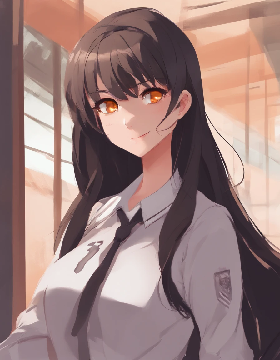 Masterpiece, Best quality, character design, high girl, light Orange eyes, dark Brunette, long hair, , thight school uniform, slithly smilling, Latina, spanish