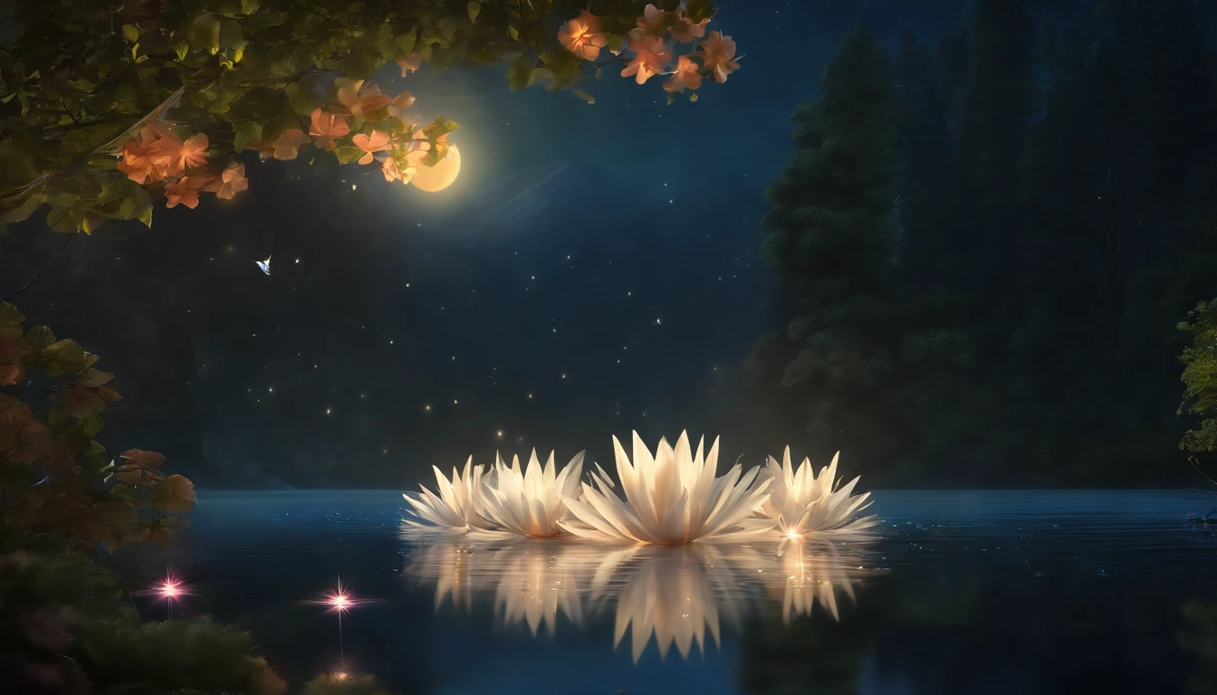 tmasterpiece, top-quality, (Very detailed CG Unity 8K wallpaper), (top-quality), (The best illustrations), (Best Shadows), Glow Sprite, (No people:1.5), Lack of people,night landscape, Round Lake, The tree々It is surrounded by the forest walls of, (lake, Shining in the moonlight: 1.3), 天空, with full of stars, The moon was hovering over the lake, (Threads of sparkling moonlight fall on the lake: 1.4), (Beautiful flowers bloom from the center of the lake:1.4 ), (crystal flower:1.5), (Crystal petals sparkling in the moonlight:1.5), Colorful sparks swirl around the flowers, Fantasy, Convoluted, Elegant, Highly detailed, Digital Painting, art stations, Concept art, mats, Clear focus, illustartion. very high res, masutepiece, amazing, Trendy Artstation, 8K, nffsw, high detailing, extremely high details, masutepiece, (Particle FX) etc. D.......。.3 D , Octane Running, 光线追踪, super detailing
