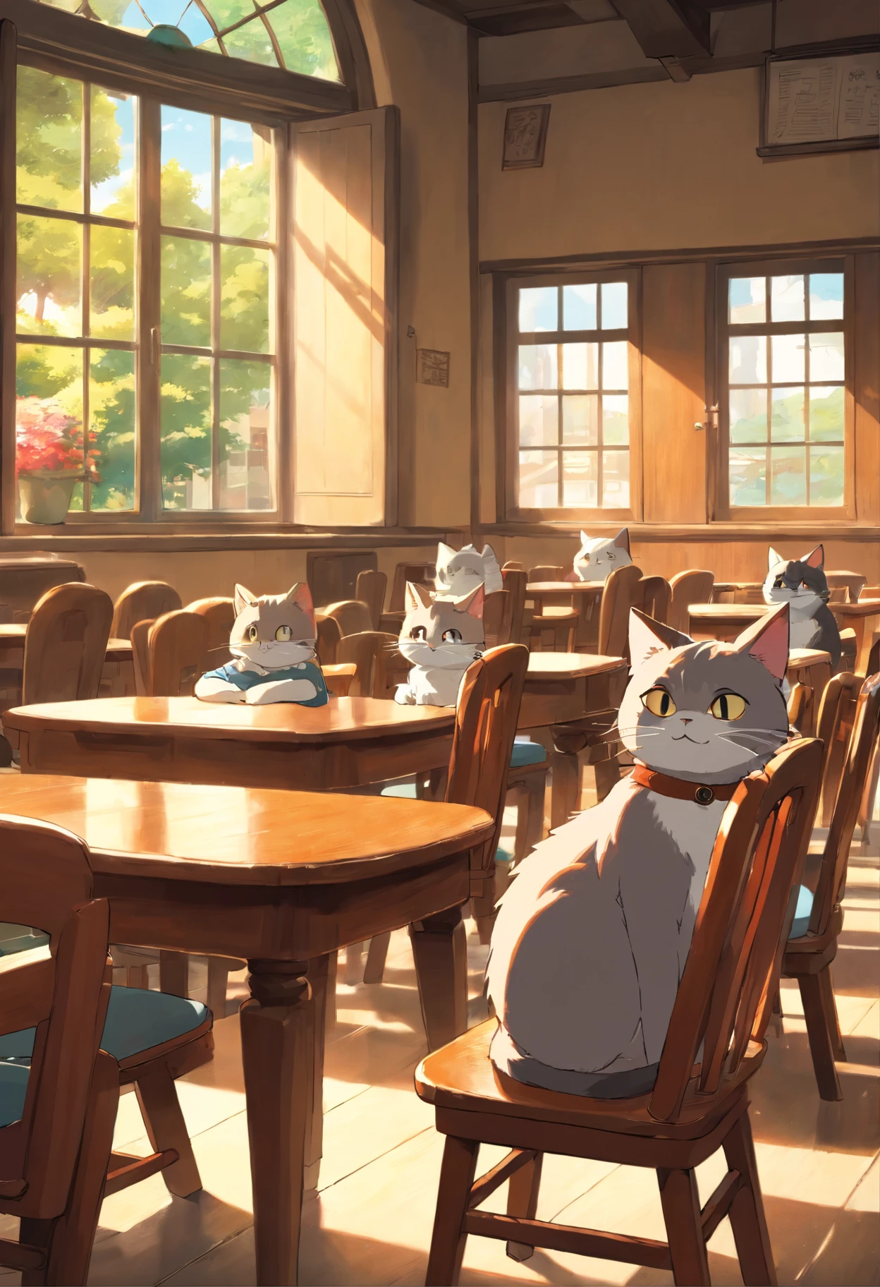 Round-eyed cats sit in chairs for lessons, Classroom,Several rows of tables, , Face the blackboard, Sunlight outside the window