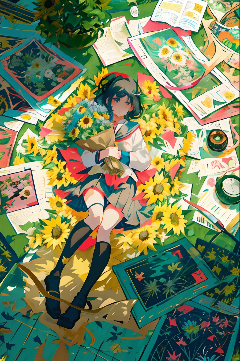 Anime girl lying on blanket，There are flowers and photos, Anime art wallpaper 8 K, Guviz-style artwork, Anime art wallpaper 4 K, Anime art wallpaper 4k, beautiful sunflower anime girl, Guviz, 4K anime wallpaper, guweiz masterpiece, Guweiz in Pixiv ArtStation, Beautiful anime artwork，Change black silk into white stockings，Leaves on the hair are removed，Skirt rearrangement