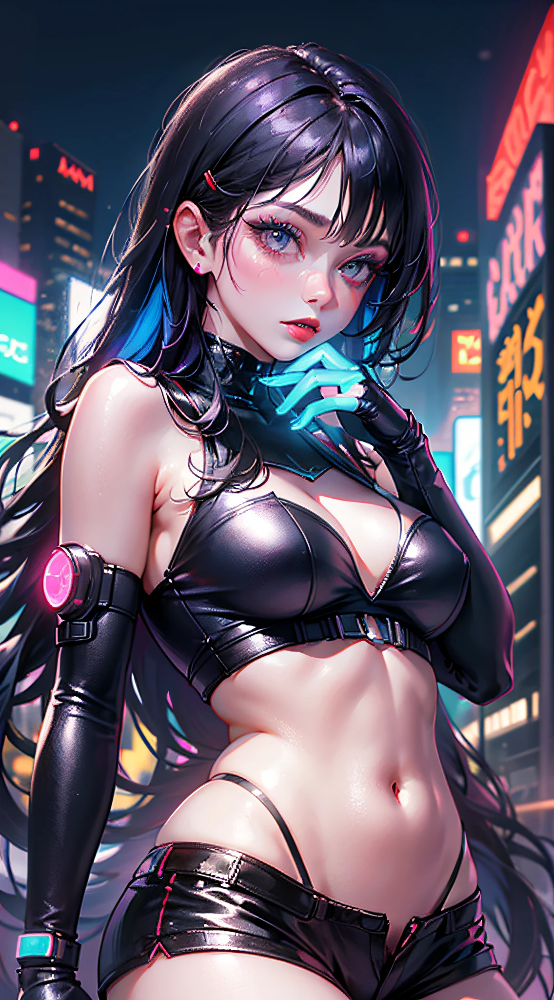 A girl, long hair, half picture, city, future, cyberpunk, science fiction, black silk, shorts, night scene, midnight, blue light, neon, night, delicate features, beautiful girl, beauty, charming,fashi-girl,red lips,realistic,makeup, sexy pose