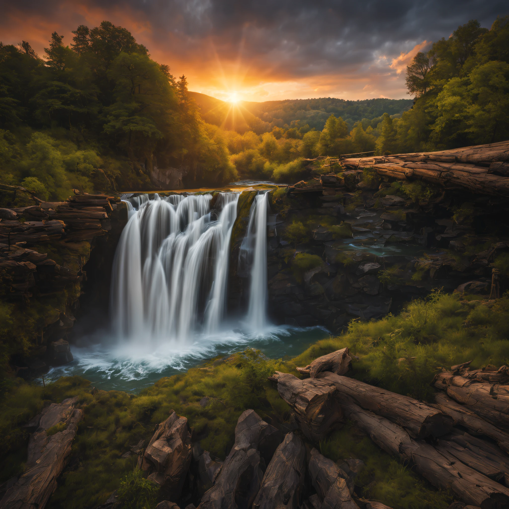 (best quality,4k, highly detailed:1.2), realistic image, landscape photography, waterfall, drone shots, RAW, log file, colors, sunsets, ultra-fine details, studio lighting
