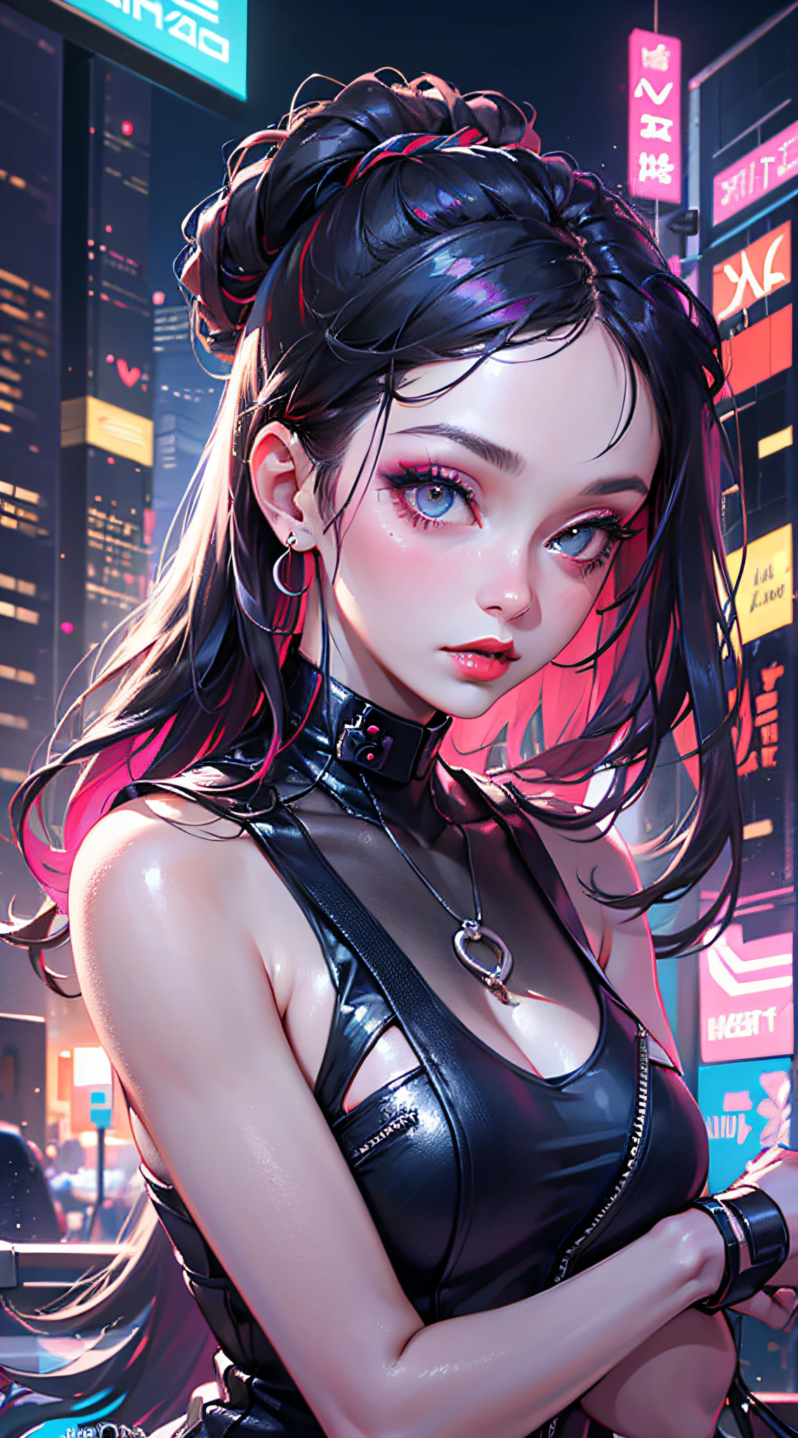 A stunning and captivating illustration of an Asian girl with black hair, big eyes, double eyelids, wearing neon pink lipstick, cyberpunk style, symmetrical composition, and surrounded by a halo. She has dark freckles on her face, and she is dressed in gothic attire