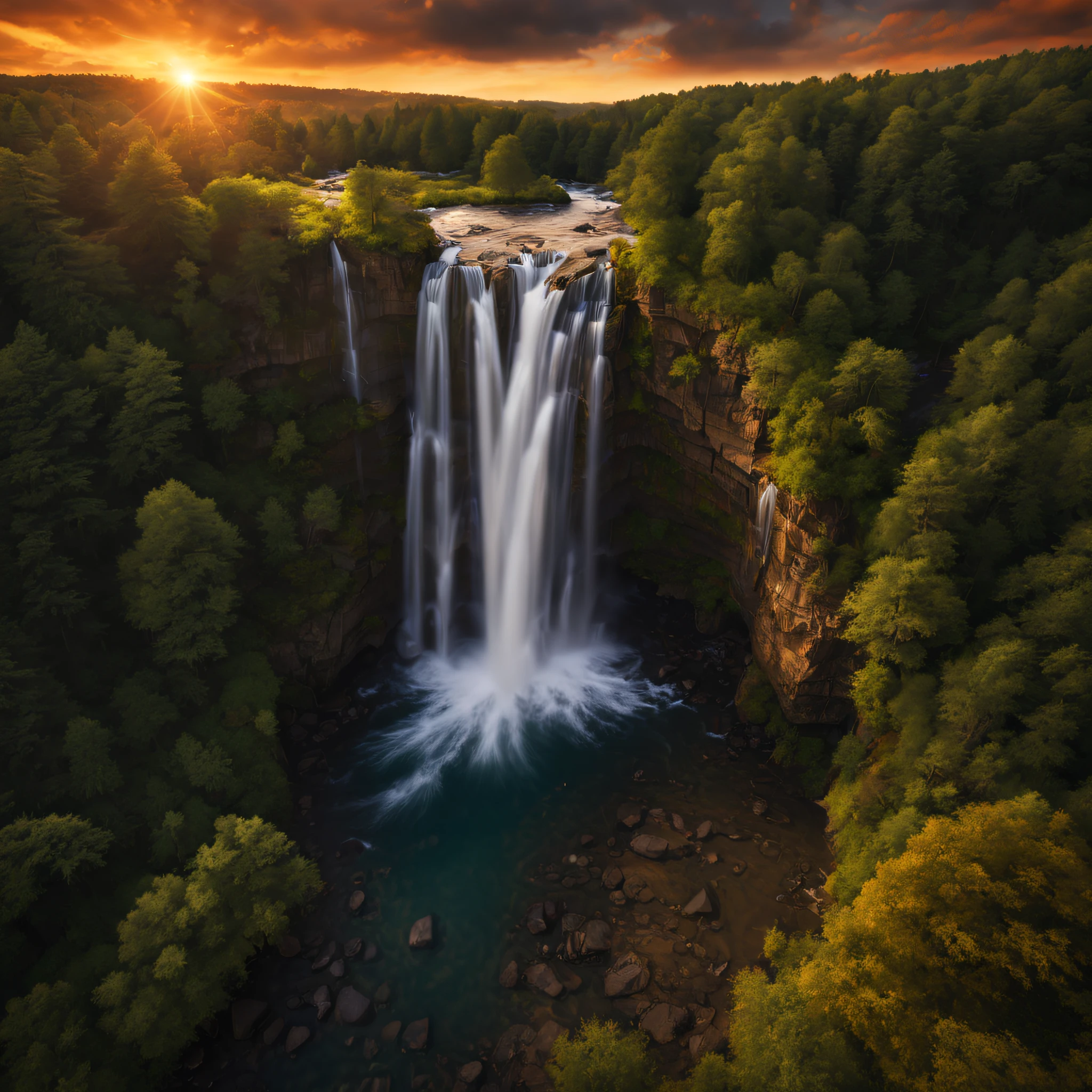 (best quality,4k, highly detailed:1.2), realistic image, landscape photography, waterfall, drone shots, RAW, log file, colors, sunsets, ultra-fine details, studio lighting