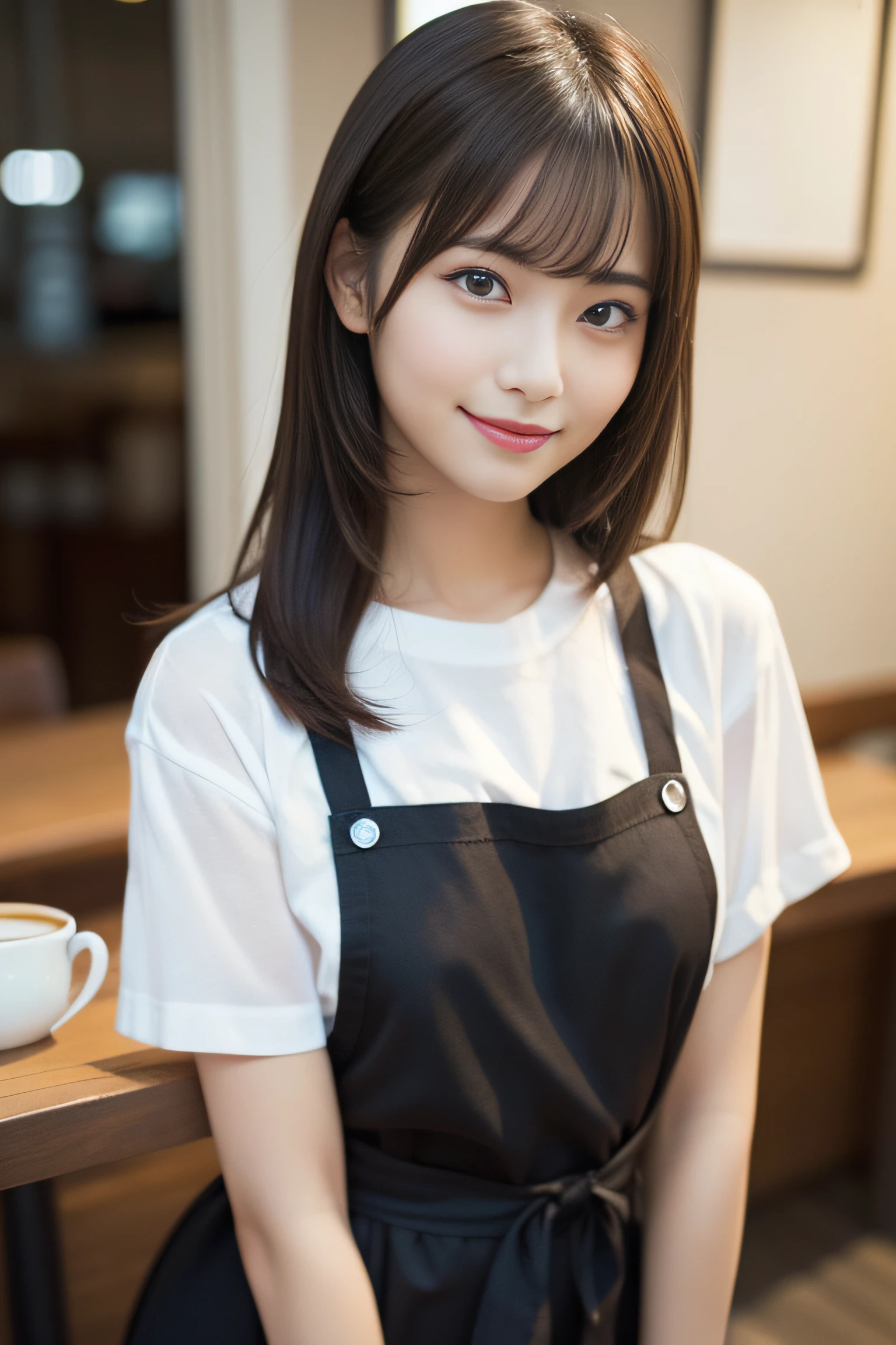 in 8K,Best Quality:1.4, 超A high resolution:1.5, (Photorealistic:1.4),​masterpiece:1.2,(top-quality:1.4)、 Raw photo、 １a japanese girl、 Cute、middlebreasts:1.5、 (Solo:1.8)、kitchin、 (Shy smile:1.3), Smooth skin、30-years old:1.5、Beautiful black eyes、natural skin textures:1.3, realistic eyes and face details:1.8、 (Brown medium hair,Bangs), (touch hair:1.4)、nogizaka、Cute colorful apron、Cafe Clerk、Supple fingertips、Beautiful black eyes、natural skin textures:1.3, realistic eyes and face details:1.7、gazing at viewer、FULL BODYSHOT:1.8、beauty legs、gravure、attractive girl、thighs thighs thighs thighs、is standing、Coffee