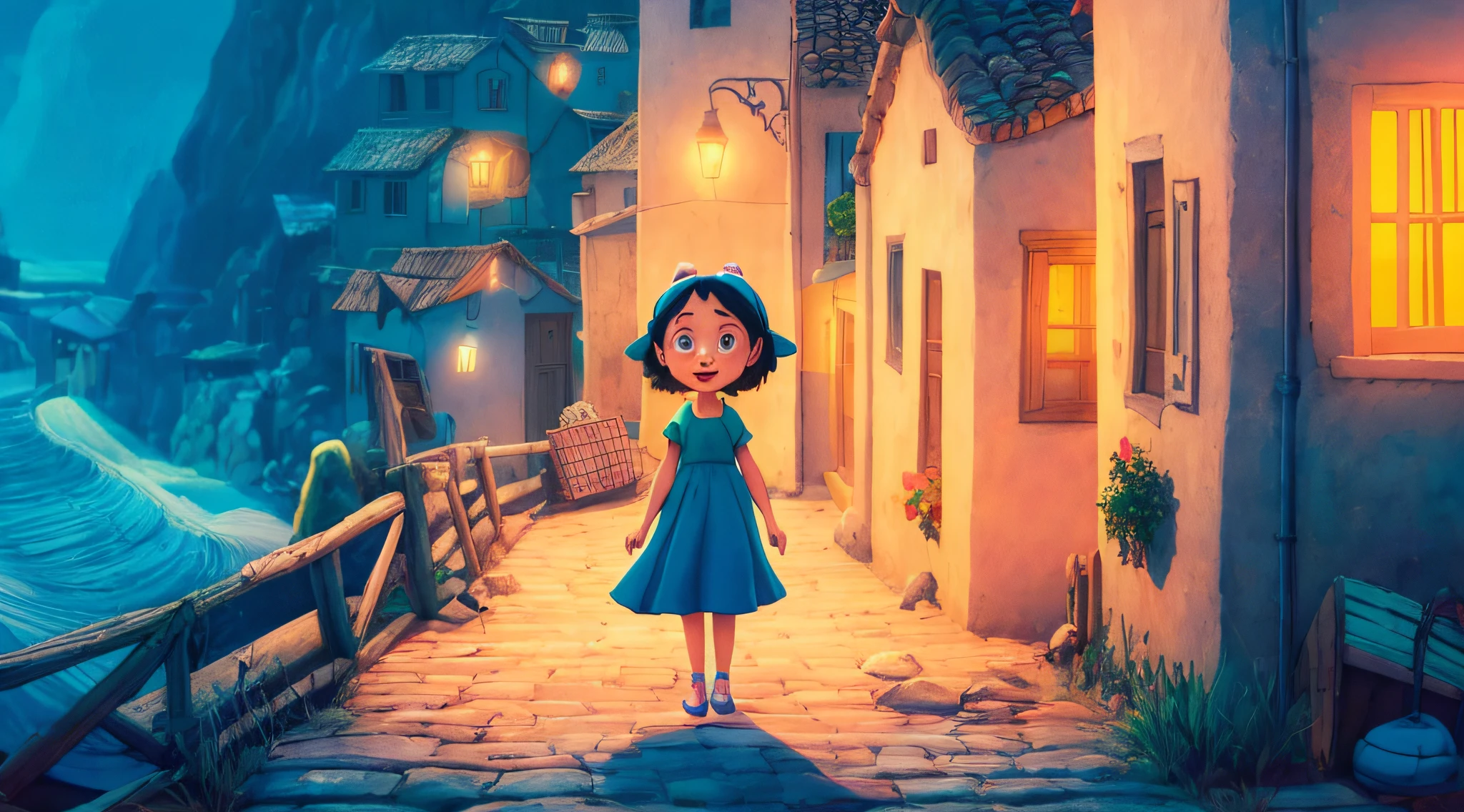 Cartoon girl standing waving for happy camera on a stone path in a village at night, animated film, animation film, animation movie still, animation film, cena de filme animado, in style of disney animation, 3 d animated movie, painting digital adorable, pixar retrato 8 k foto, Directed by: Krzysztof Boguszewski, animation movie still, children's animated films