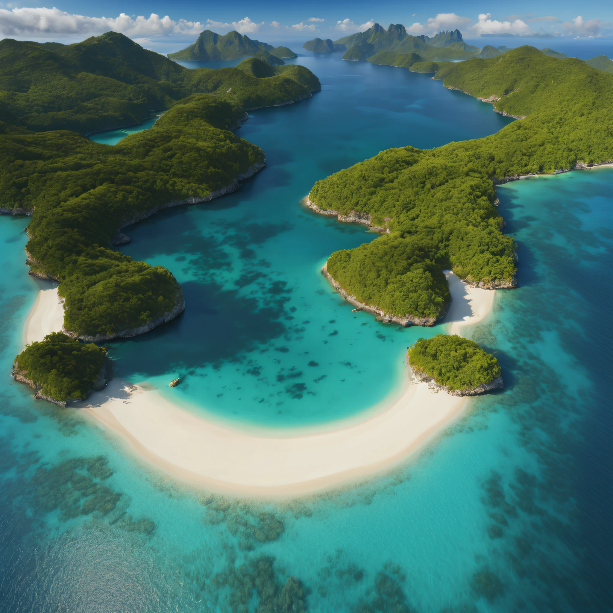 (best quality,4k,highres,masterpiece:1.2),ultra-detailed,realistic:1.37,photorealistic,HDR,UHD,aerial view,crystal-clear water,vivid colors, serene atmosphere,glowing sunset,remote island,hidden,isolated,breathtaking landscape,majestic,mountains,white sand beaches,tropical paradise,lush greenery,turquoise blue sea,tranquil,peaceful,secluded,untouched,pristine nature,warm sunlight,dreamy,fantasy,unforgettable,once-in-a-lifetime experience,romantic,serene,heartwarming,awe-inspiring surreal effects