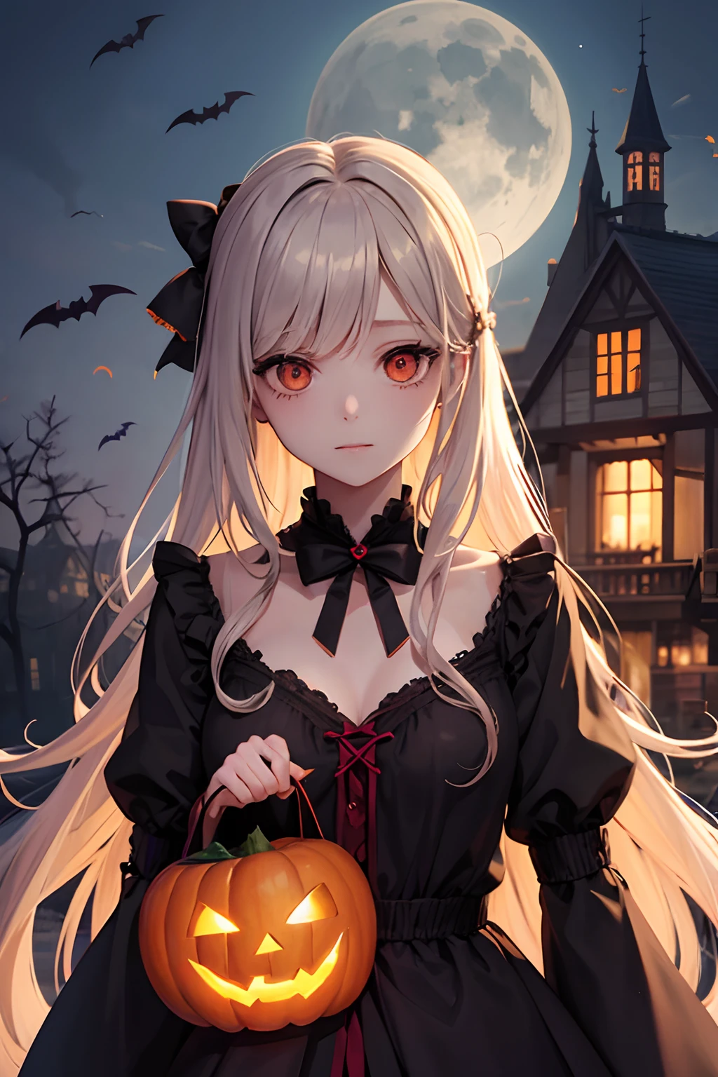 Halloween、Beautiful vampire girl and zombie girl２a person、High school students、Pumpkin Ghost、Vampire House、the bats、２a person、gazing at viewer