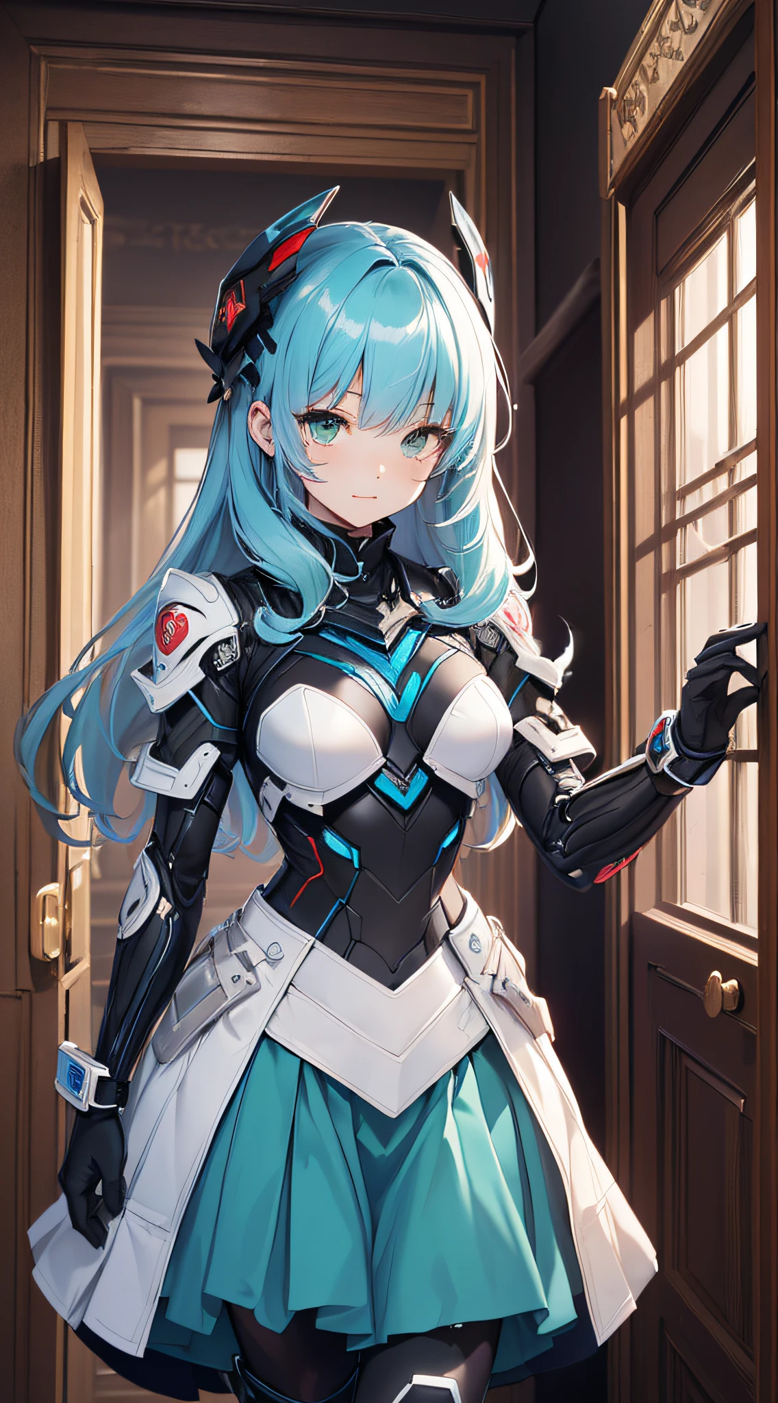 top-quality、Top image quality、​masterpiece、Android Girl((,My whole body is full of wounds、Broken cybersuit glowing black, red and white、Blue energy source for the chest,Best Bust、Bust 90、Light blue shiny hair、Longhaire,Cyber Skirt、Blue-green eyes、open chest wide、Valley、Happiness、A slender、Arms held back、Walk towards the door)）hiquality、Beautiful Art、Background with((The Great Mysterious Door、kosmos))、masutepiece、Elaborate design、visualart、Theatrical films