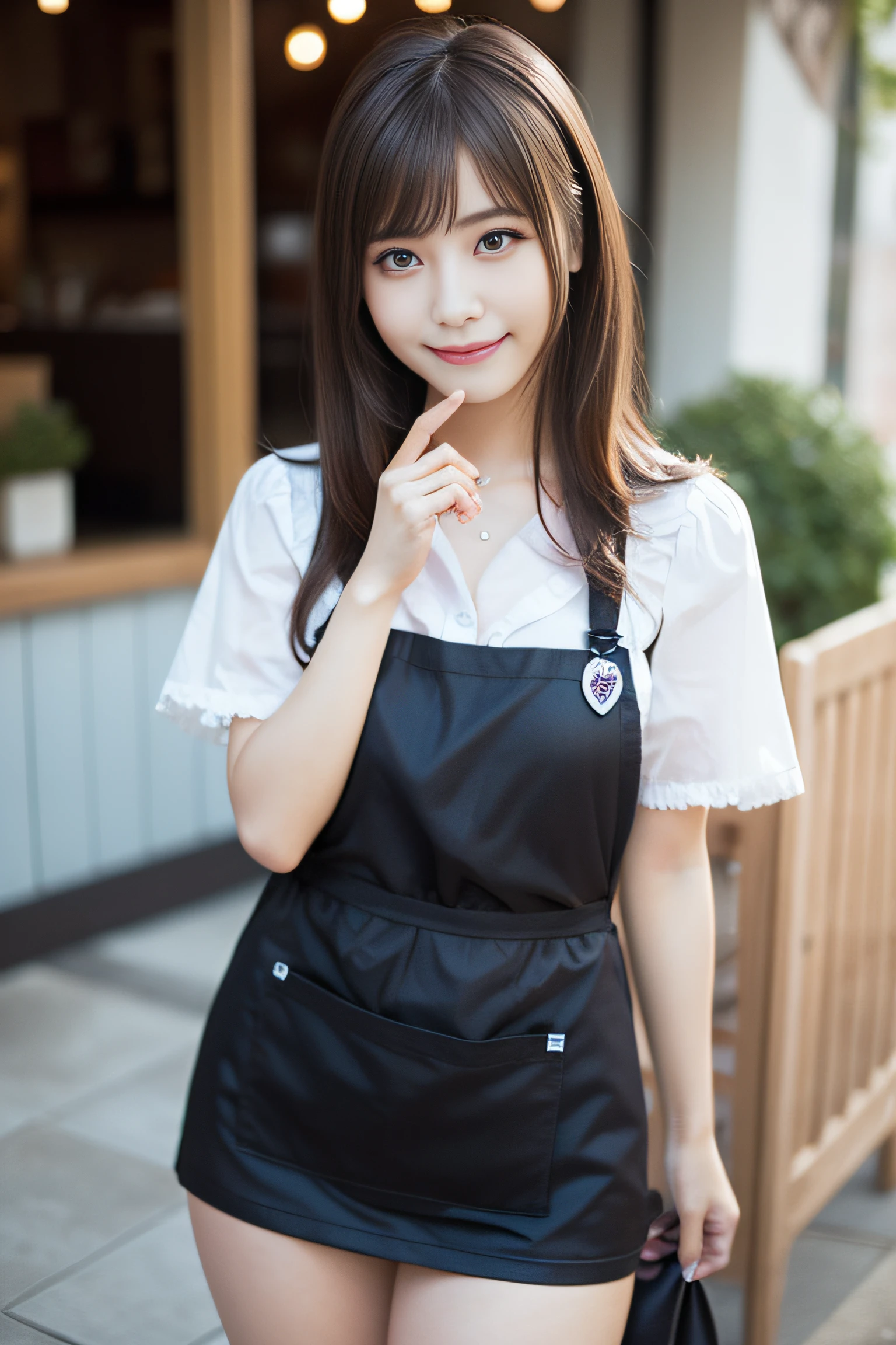 in 8K,Best Quality:1.4, 超A high resolution:1.5, (Photorealistic:1.4),masterpiece:1.2,(top-quality:1.4)、 Raw photo、 1a japanese girl、 Cute、middlebreasts:1.5、 (Solo:1.8)、kitchin、 (Shy smile:1.3), Smooth skin、30-years old:1.5、Beautiful black eyes、natural skin textures:1.3, realistic eyes and face details:1.8、 (Brown medium hair,Bangs), (touch hair:1.4)、nogizaka、Cute colorful apron、Cafe Clerk、Supple fingertips、Beautiful black eyes、natural skin textures:1.3, realistic eyes and face details:1.7、gazing at viewer、FULL BODYSHOT:1.8、beauty legs、gravure、attractive girl、thighs thighs thighs thighs、is standing、Coffee