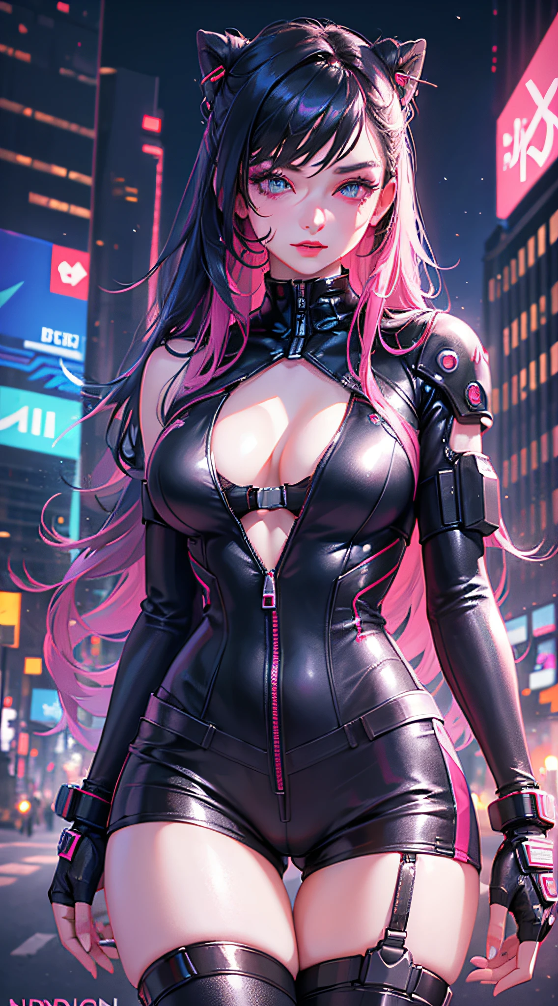 A girl, long hair, half picture, city, future, cyberpunk, science fiction, black silk, shorts, night scene, midnight, blue light, neon, night, delicate features, beautiful girl, beauty, charming,fashi-girl,red lips,realistic,makeup, sexy pose, deep cleavage, cameltoe
