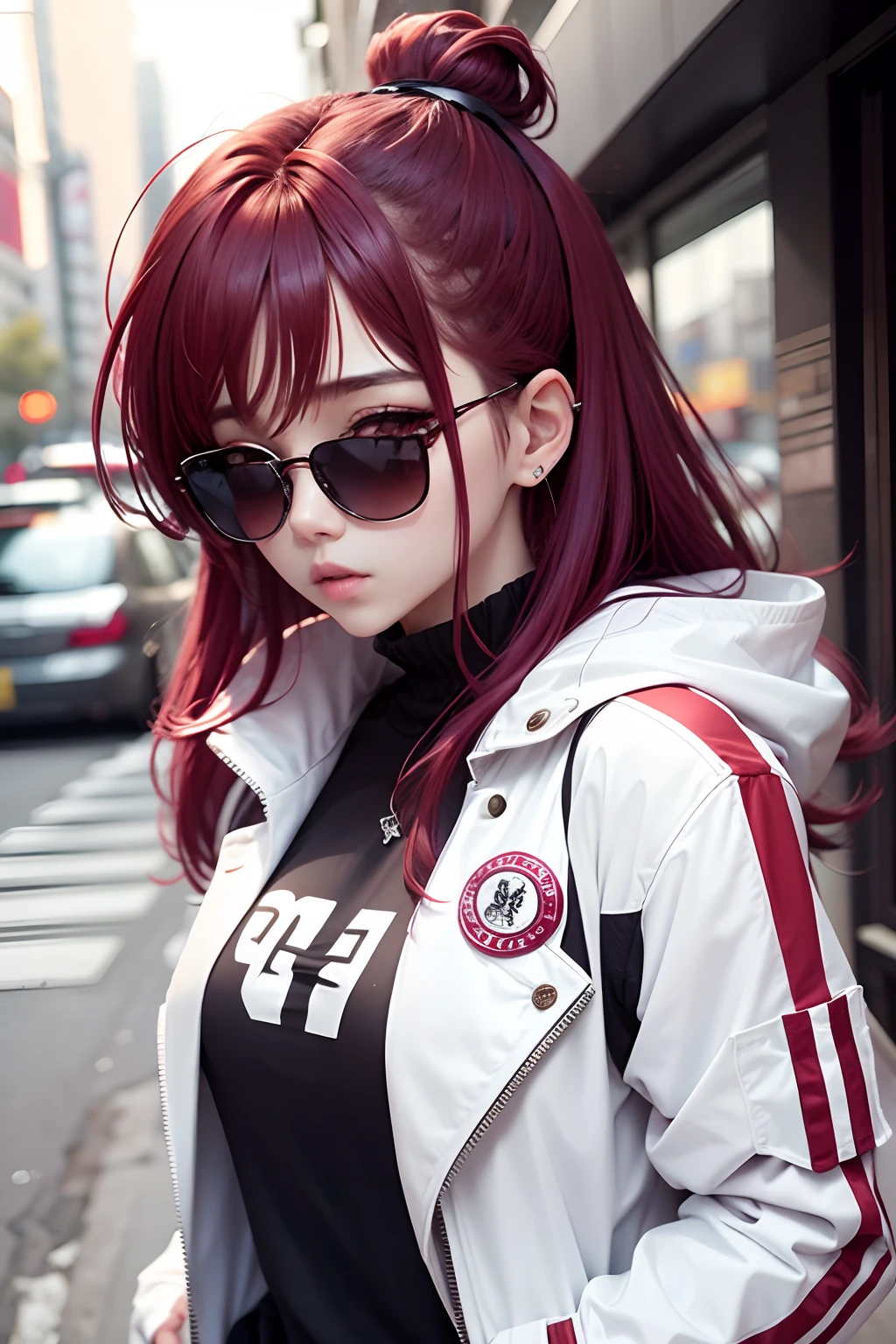 kpop girl, maroon hair, white mixed white jersey open jacket, tied messy hair, maroon sunglasses