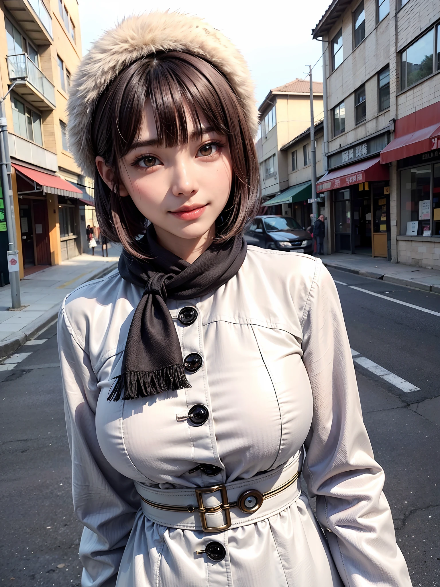 (masutepiece, top-quality),1girl in, 独奏, Black lustrous hair, scarf, Hats, realisitic, looking at the viewers, black eyes of light color, shorth hair, coat, Winter clothes, White headscarf, s lips, lipgloss，bangss,, a closed mouth, The upper part of the body、big eye、Lashes、((Street))、((Shorthair with bangs、big eye、Put very strong highlights in your students、very Bigger breasts、gazing at viewer、Very beautiful beauty、Put out all your ears、long neck、little smiling、Close your mouth and smile、Look firmly at the camera)))、