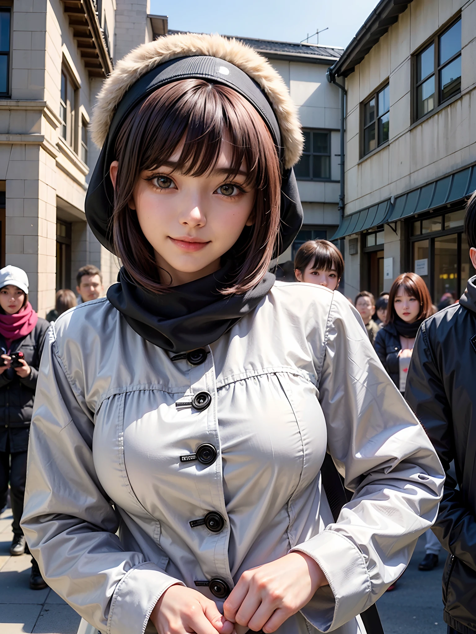 (masutepiece:1.4, top-quality、Very attractive adult beauty with a very cute smile:1.4、Add intense highlights to the eyes:1.4、Look firmly at the camera、Put your right hand on your chest、Beautiful woman full of adult charm:1.4),1girl in, 独奏, Light brown shiny hair, muffler,Santa Claus hat:1.4,realisitic, looking at the viewers, Bright colored crystal light blue eyes:1.4, short shiny hair, Santa Claus Starneck Knit、 Red and white costume of Santa Claus in a turtleneck with a round hole in the center of the chest:1.4,Sexy red and white turtleneck knit sweater with round hole in the center of chest:1.4、 s lips, lipgloss:1.4,bangss, The upper part of the body、big eye、Lashes、The face is a little red:1.4、Embarrassing)、((Canada's tree-lined streets in winter:1.4))、((Brunette short bob hair with bangs、big eye、Put very strong highlights in your students:1.4、{Gigantic|Big|Huge|Mega} breasts:1.4、very Bigger breasts、gazing at viewer、Very beautiful beauty、Put your ears out:1.4、long neck:1.4、little smiling、Beautiful teeth、Open your mouth and smile:1.4))、28 year old:1.4、Very cute supermodel:1.4、