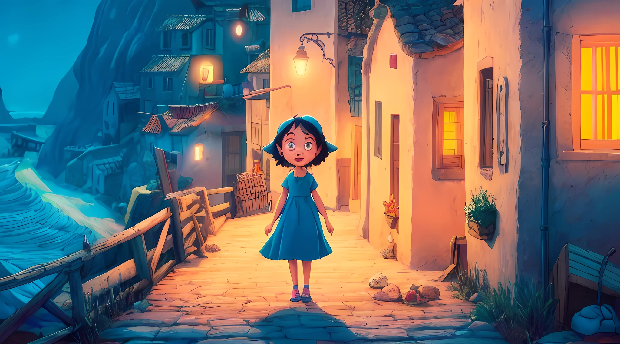 Cartoon girl standing waving for happy camera on a stone path in a village at night, animated film, animation film, animation movie still, animation film, cena de filme animado, in style of disney animation, 3 d animated movie, painting digital adorable, pixar retrato 8 k foto, Directed by: Krzysztof Boguszewski, animation movie still, children's animated films