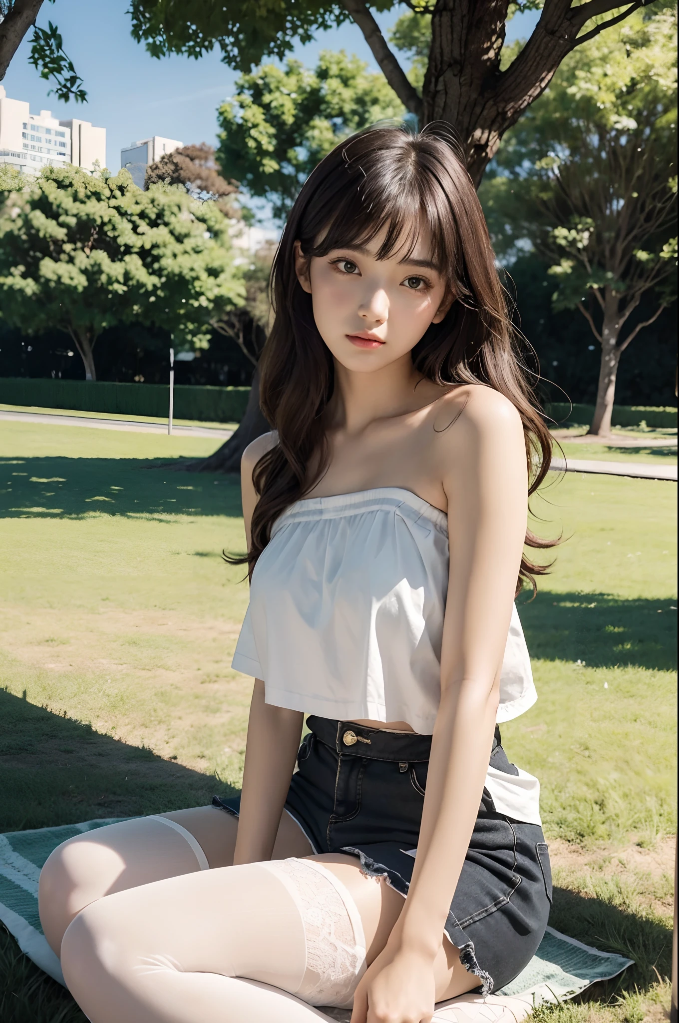 Girl VN01, 8K, Best Quality, masutepiece, Highly detailed, reallistic, girl with, 20 years old, looking hand, long dark brown hair with bangs,,,,,Curly hair, Green eyes, Black Japanese style cut clothes, White shorts, Wear ultra-realistic pantyhose、Bare shoulders, make - up、golden details, Cold expression, Battle Scenes, Outdoors, Park in the background, lots of trees々And the bright sky、Sitting on the lawn、Sitting,