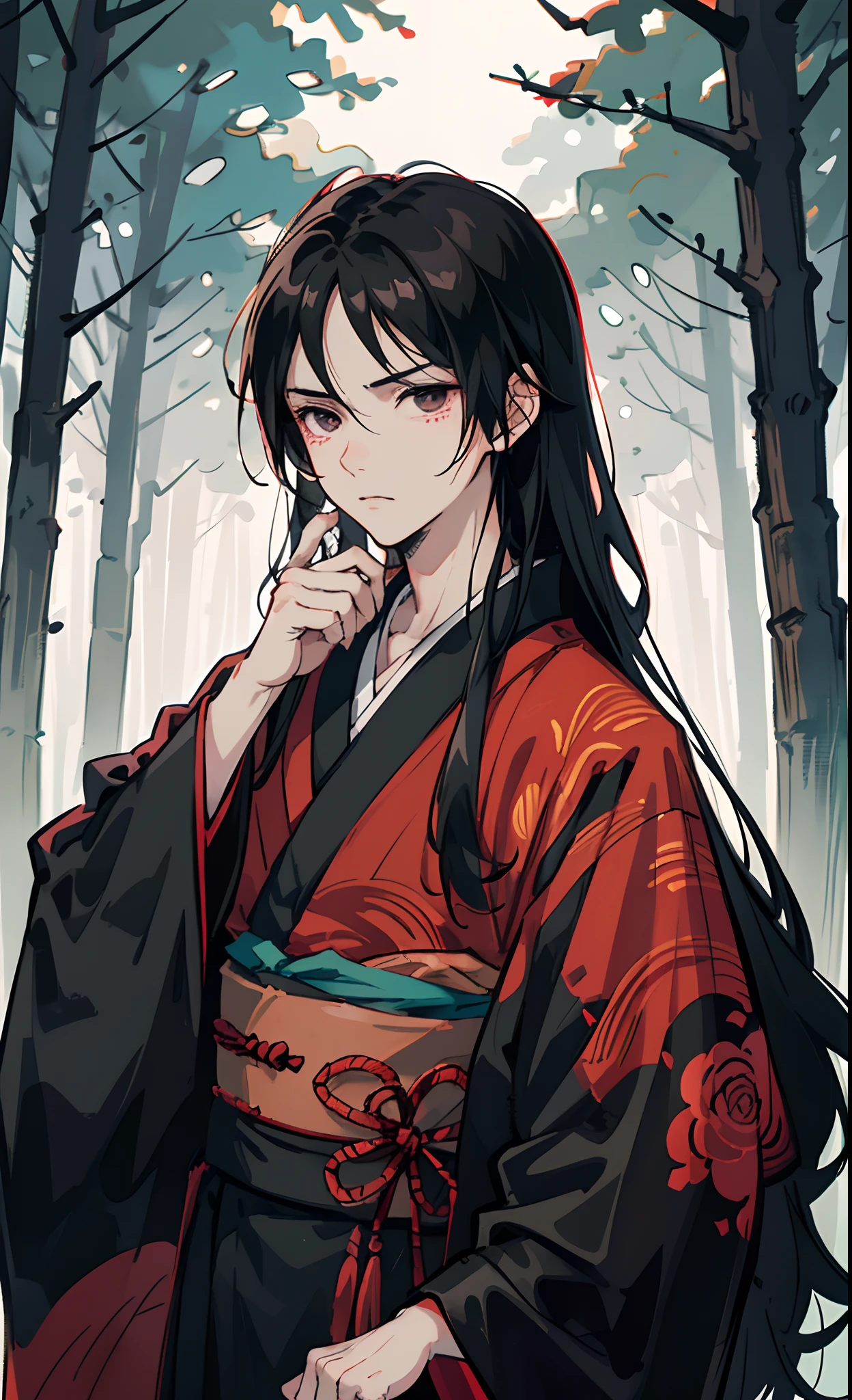 The picture shows Uchiha Madara, Young man with dark hair and dark eyes, Dressed in a black kimono with red patterns. He stands in front of Sasuke Uchiha, who is on his knees in front of him. Uchiha Manga holding a scroll in his hands, which he hands over to Sasuke. His face expresses seriousness and determination, And the eyes are filled with confidence and strength. sasuke, In turn,, He looks at the scroll with admiration and gratitude, Realizing, that this is a very important moment in his life. A misty forest can be depicted around the characters, which will create an atmosphere of mystery and mystery