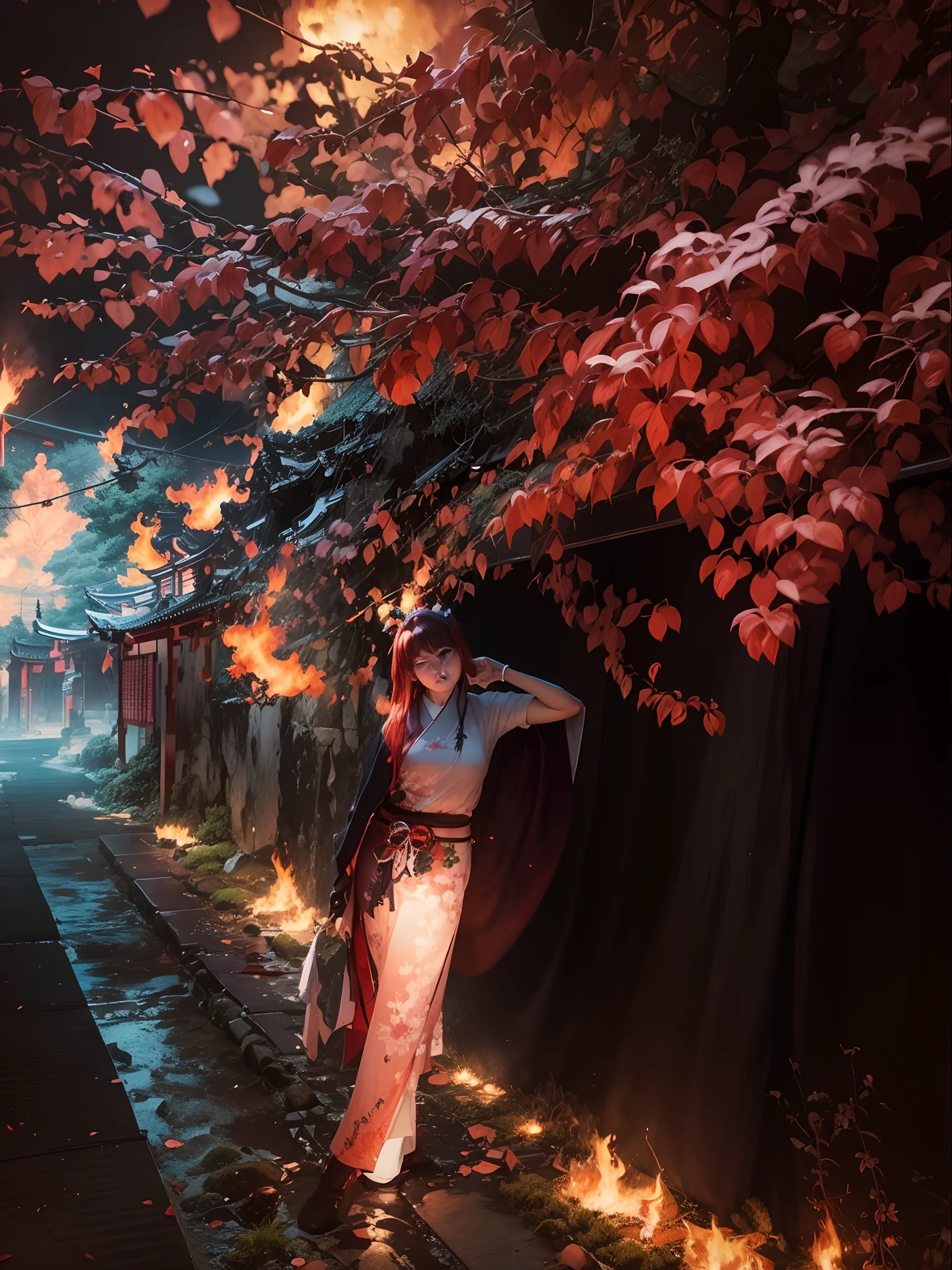 The background is a temple in the Japan that is in flames.、midnight、red hairs、Woman in white kimono holding Japan sword、Women are also burning
