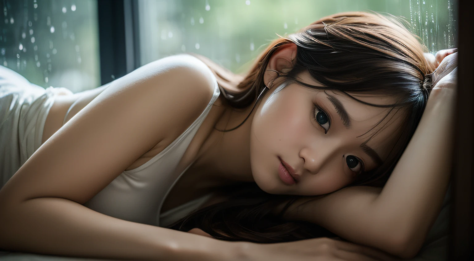 sideways Facing、Woman lying on sofa:1.2、(heavy rain outside the window:1.2)、House in the forest、(huge window:1.2)、(Dark Private Studio, Dark, Atmospheric light: 1.2)、bustshot、(facial close-up:1.2)、tilt the neck、Soft lighting、absolutely outstanding image, very extremely beautiful、masterpiece, top-quality,kawaii、20 year old girl、Realistic young cute idol、8K、( face perfect)、(perfect hand)、Puritanism