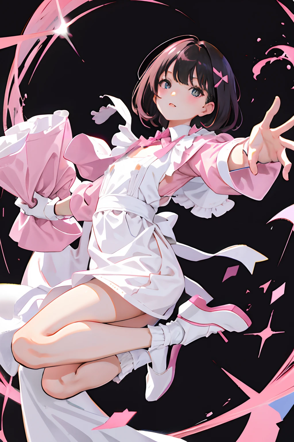 Pink maid clothes，A dark-haired，Long，Bangs，white glove，White High Socks，Black shoes，child，petite body，Delicate body