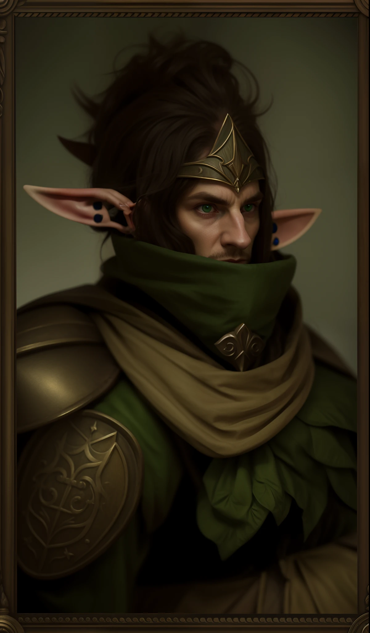 masterpiece, high quality, detailed photo, forest elf king, green cloth armor, black hair, battle facepaint, detailed face, detailed cloth, (symmetrical ears:1.5), detailed (elf ears), angry elf face, old aged elf, high elf, royal forest elf king, detailed body, baldur's gate character portrait, dnd avatar portrait of elf, portrait of a elf, character portrait, portrait of an elf