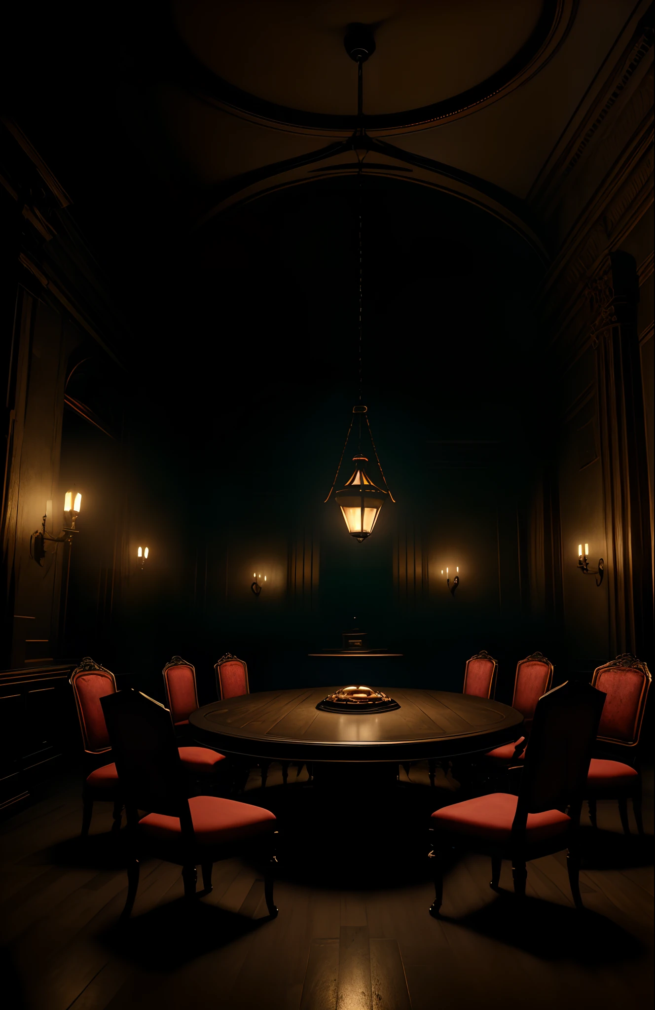 There is a round table in a dark room，Ten chairs around the round table，The round table has an ancient clock on it, room of a dark mansion, foreboding room, a seance, unreal engine 5 render dramatic, Dark movie lighting, cinematic render unreal engine, made in unreal engine 4, Dimly lit room, set in bank vault room, dark scene with dim light, Unreal Engine 4 rendering, a haunted house，Every chair was full of people