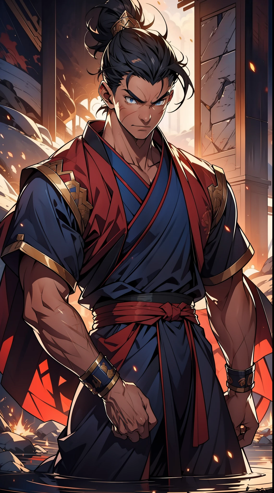 single Man, prince vegita from dragon ball, mascular, Angry, samurai kimono, look viewer, 独奏, Full body, head to toe, ((masterpiece)), (Best quality), (Extremely detailed), 8k, attention to detail, highly detailed, detailed face, detailed eyes, Depth of field, sketch, dark intensive shadows, Sharp focus quality, hdr, Colorful, Good composition, There were fires all around, detailed fire, spectacular, Anime screenshots, Scars under the eyes, getting ready to fight, Dark eyes,deep of field,Sea backgroun,ship,sunrays,Red clothes, dark blue spiky hair,quadratic element,style of shonen anime,mtu(Male Warrior,The proportions are correct,Face detail,iconic vegita hairstyle,Neck details,clothes details,getting ready to fight,short sleeves,Game quality,Light and shadow tracking,Ray traching,detailed glow,cg render,hair detail,blue colored eyes,Handsome,Handsome,(juvenile sense),Clothing is complicated,Perfect composition,Refinement,high qulity,higher details,Lots of details,The background is complex,a sense of atmosphere,