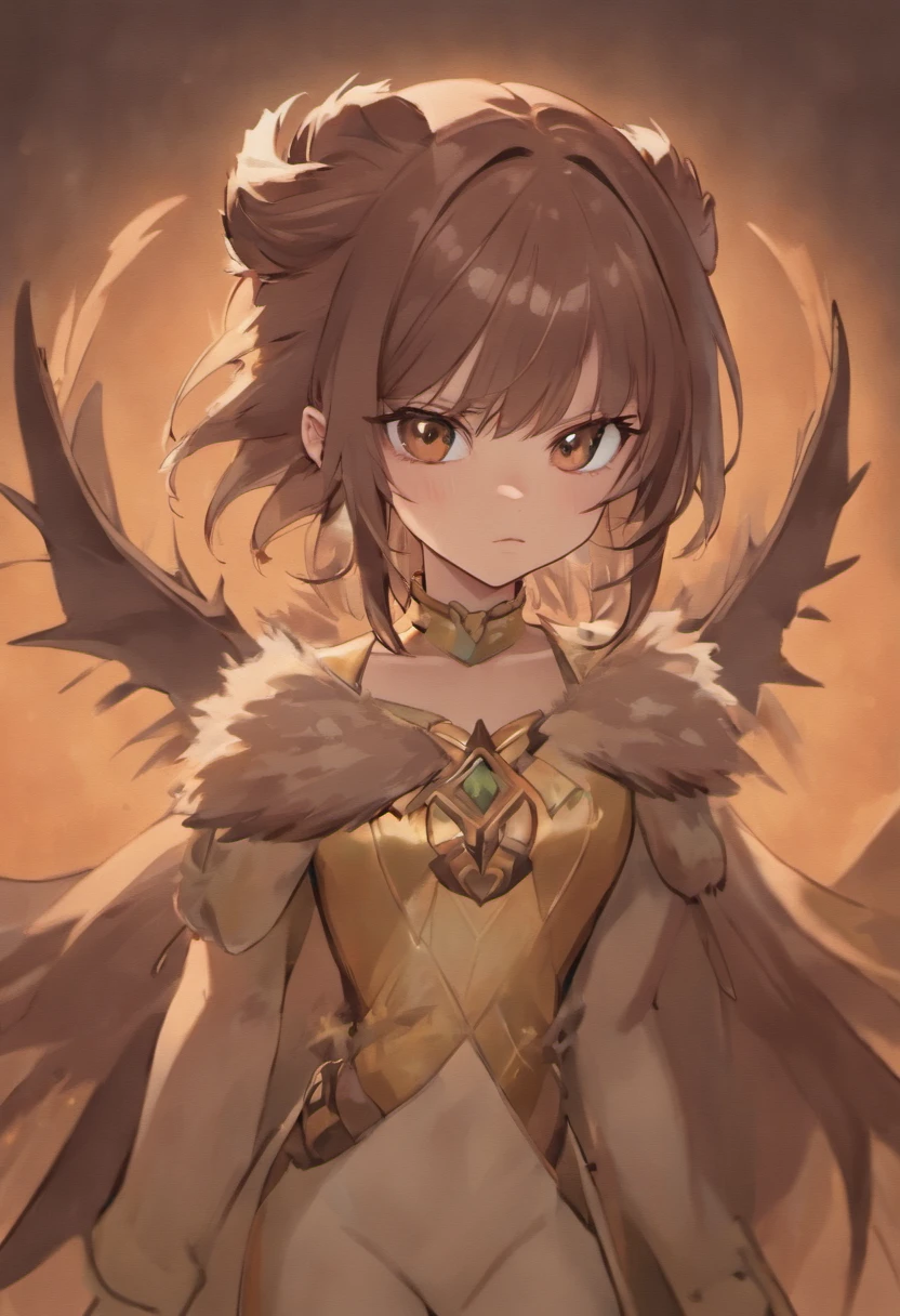 a Mexican-American girl with a medium dark brown layered wolf haircut with wispy bangs, slim brown almond eyes, a slim thick strong body figure with medium breasts, her height is 5’1, sharp long canines, long eyelashes, light pink semi-sharp almond nails, warm beige skin tone, small hands, and small feet. She appeared to be a human-dragon hybrid. She has a human body with two curved pale silver Dragon horns on the top of her head, instead of human ears she has dark brown cat-like ears that are soft, retractable sharp almond claws, cute sharp fangs, cat-like pupils, and elegant dragon tail that is dark brown on top with the underside being a lighter brown and a bistre Brown colored mane that runs along the top of her Dragon tail and ends with a small tuft of fur.