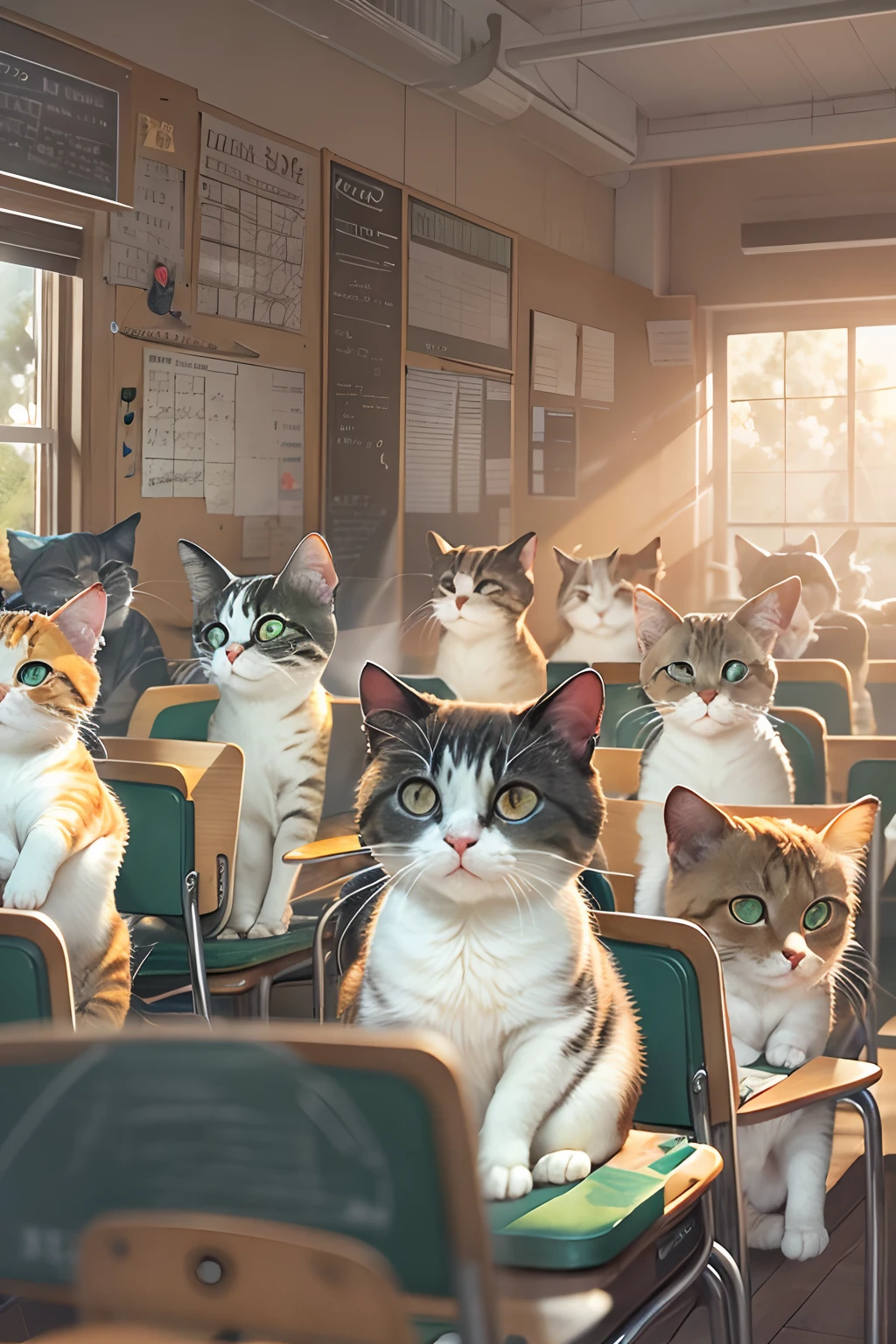 Round-eyed cats sit in chairs for lessons, Classroom,Several rows of tables, , Face the blackboard, Sunlight outside the window