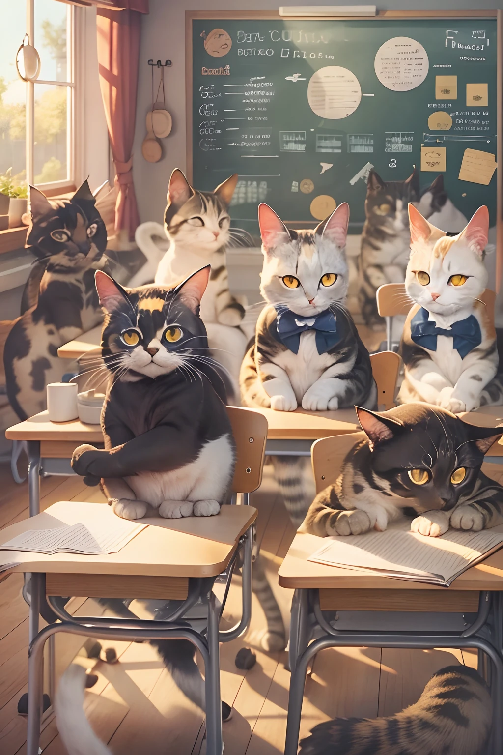 Round-eyed cats sit in chairs for lessons, Classroom,Several rows of tables, , Face the blackboard, Sunlight outside the window