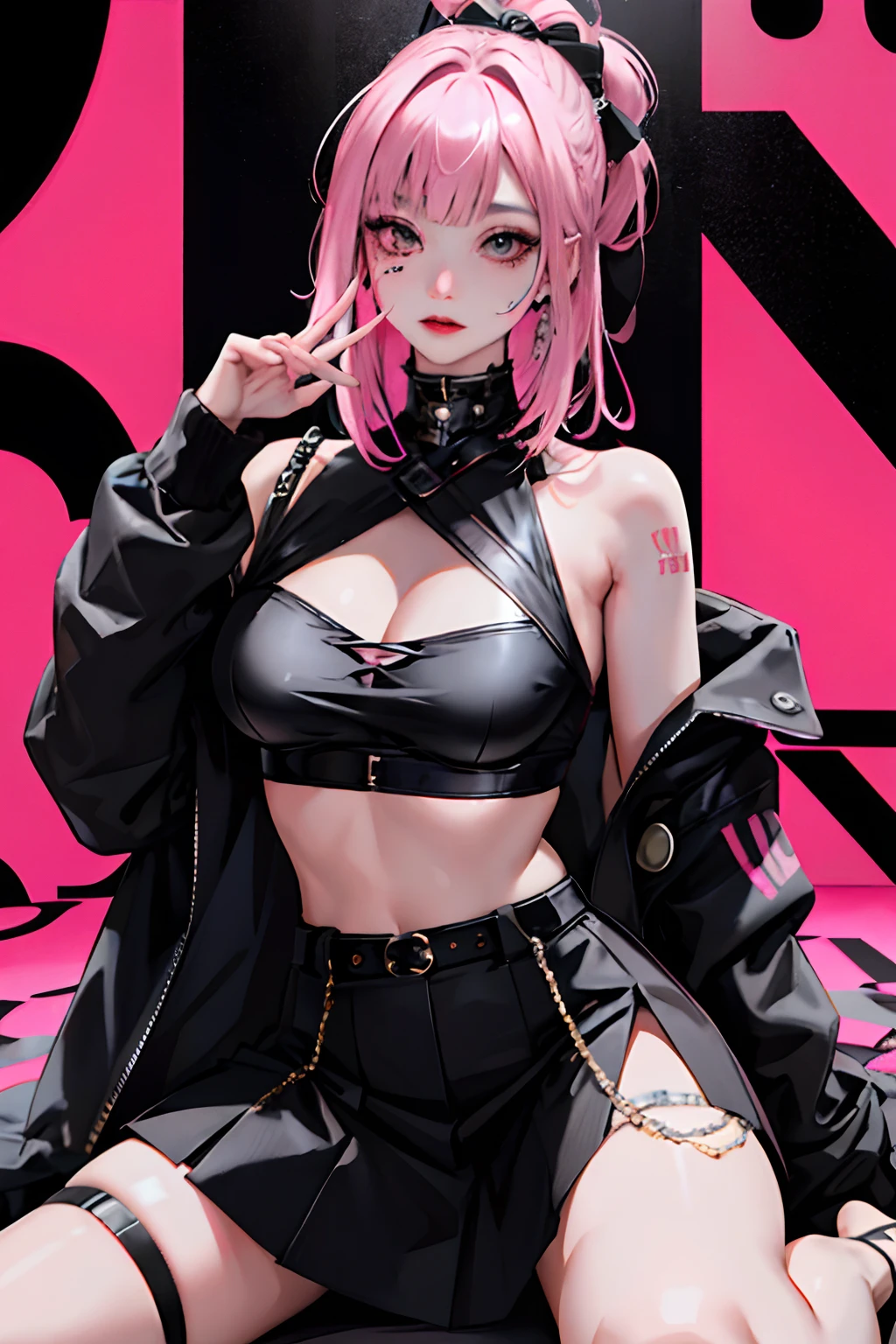 (masuter piece:1.2、top-quality)、(Live action、Intricate details)、(1lady、独奏、The upper part of the body、Colossal tits) garments: Edgy、Black jumper、Pink mini skirt、Avant-garde、Experimental appearance: Long pink hair、Dramatic makeup、Unconventional fashion choices behavior: Rebel、Runaway Ladies Leader、secretary-general、Black jumper、Pink mini skirt、Anti-system、Provocative Location: urban art district、Underground Music Scene Hobbies: Bad girl、Create mixed media art、Experiment with different subcultures values: individuality、authenticity、Creative Expression Inspiration: Runaway Ladies Leader、secretary-general、Counterculture icons、Nature: boldness、Unconventional。