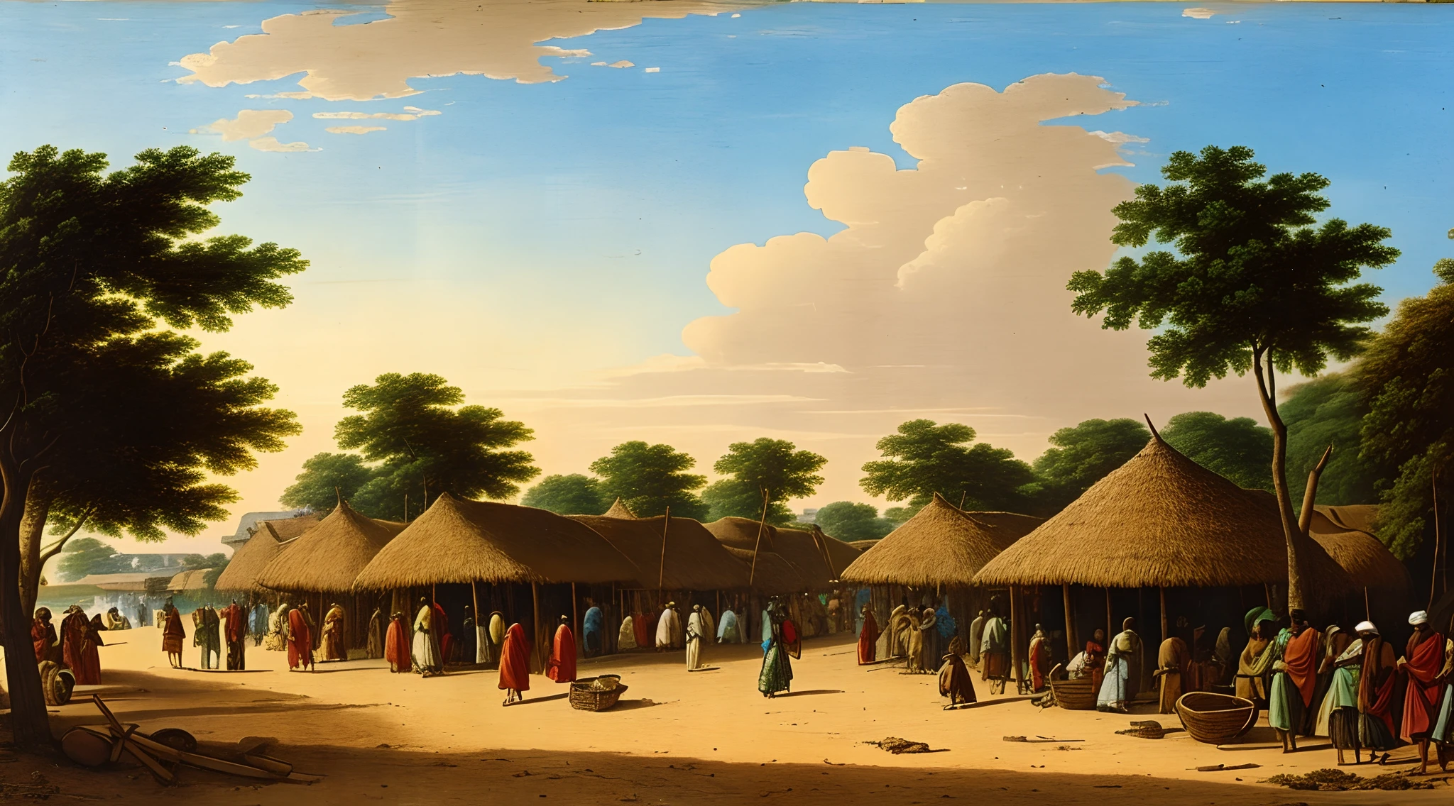 view from merchant's street of East Africa, rural, Indian Kulturkreis, busy, entrepot of trade, prosperous, Kilwa or Mombasa or Malindi, shops or stall or bazaar, afternoon, important port on trade routes, 15th century, medieval, no man, no woman, no girl, no boy, no person, no people, no boat, no ship, no asphalt road