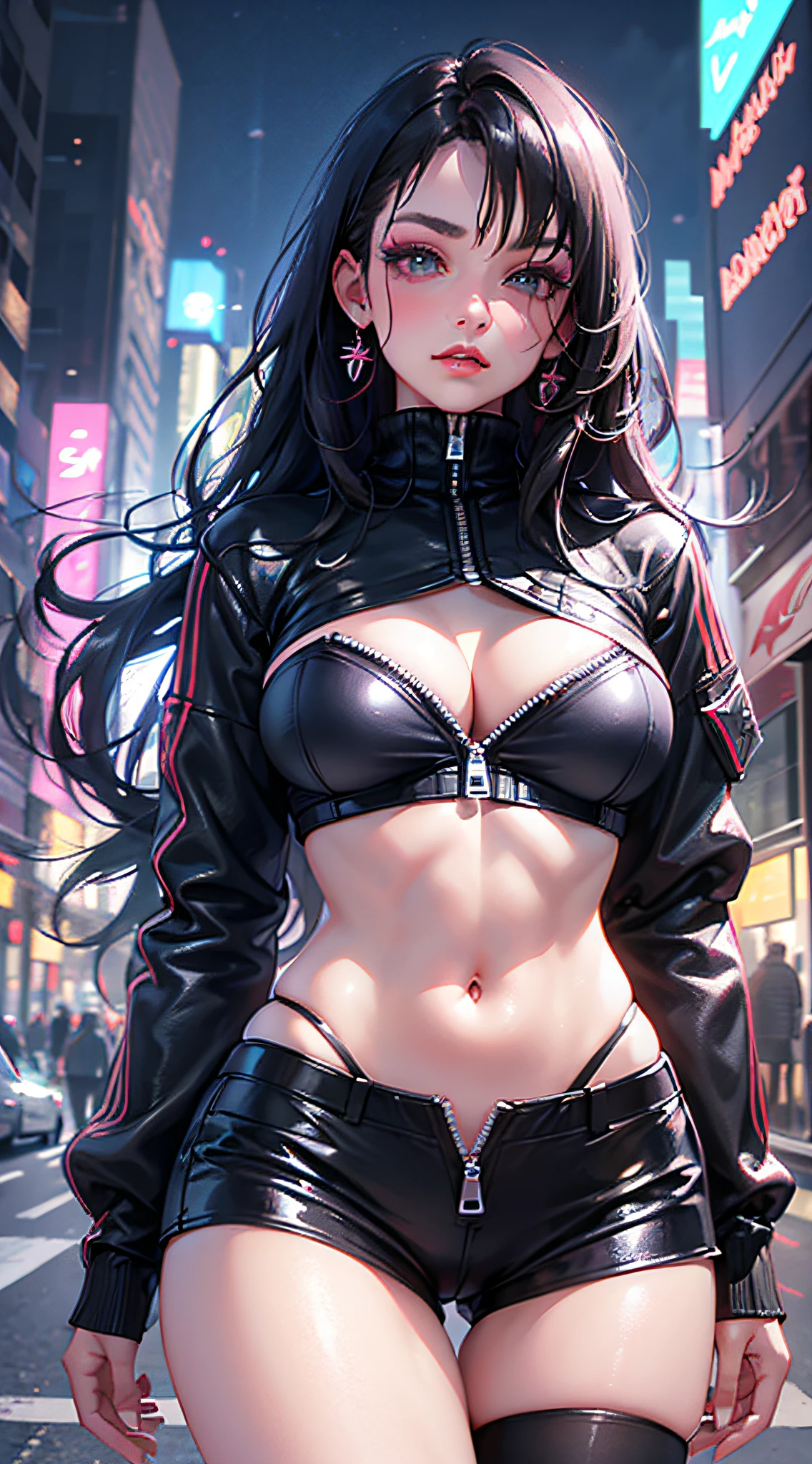 A girl, long hair, half picture, city, future, cyberpunk, science fiction, black silk, shorts, night scene, midnight, blue light, neon, night, delicate features, beautiful girl, beauty, charming,fashi-girl,red lips,realistic,makeup, sexy pose, deep cleavage, cameltoe, abbs, toned, jumper unzipped in front