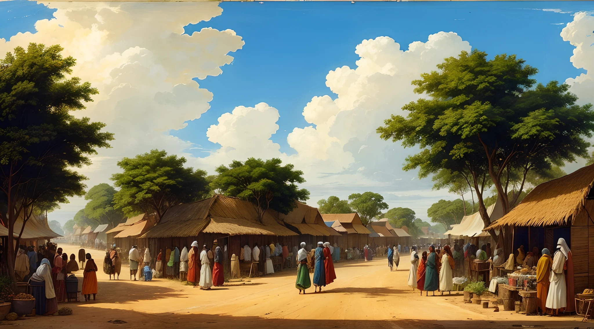 view from merchant's street of East Africa, rural, Indian Kulturkreis, busy, entrepot of trade, prosperous, Kilwa or Mombasa or Malindi, shops or stall or bazaar, afternoon, important port on trade routes, 15th century, medieval, no man, no woman, no girl, no boy, no person, no people, no boat, no ship, no asphalt road